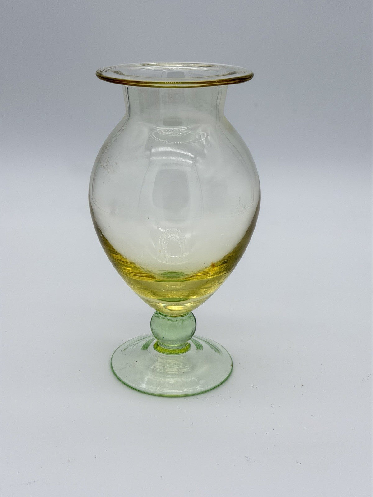 Vintage Tiffin art glass yellow w/green footed base Flower Vase 7”H Pedestal