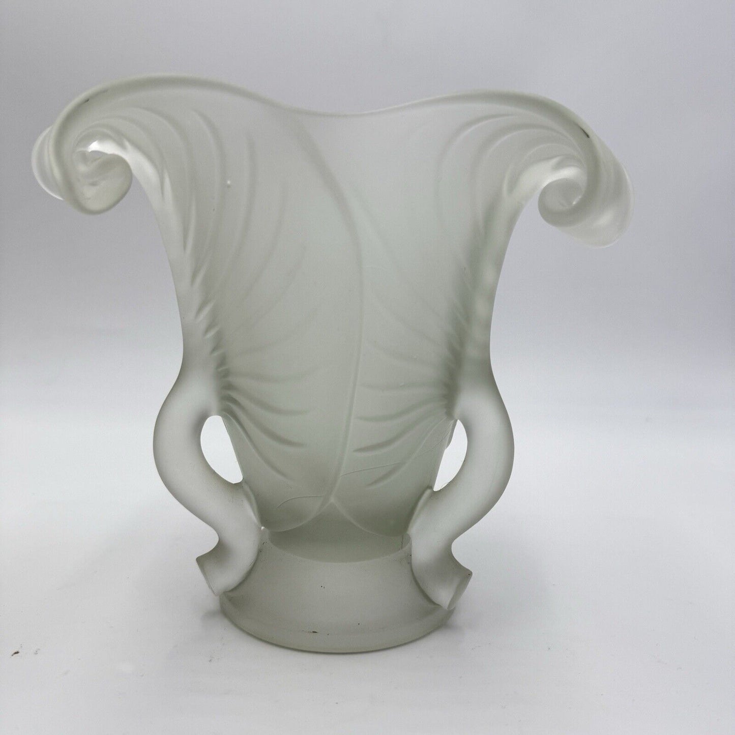 MCM Frosted Satin Art Glass 3 Leaf Pedestal ART NOUVEAU 3 Handle VASE 7” H