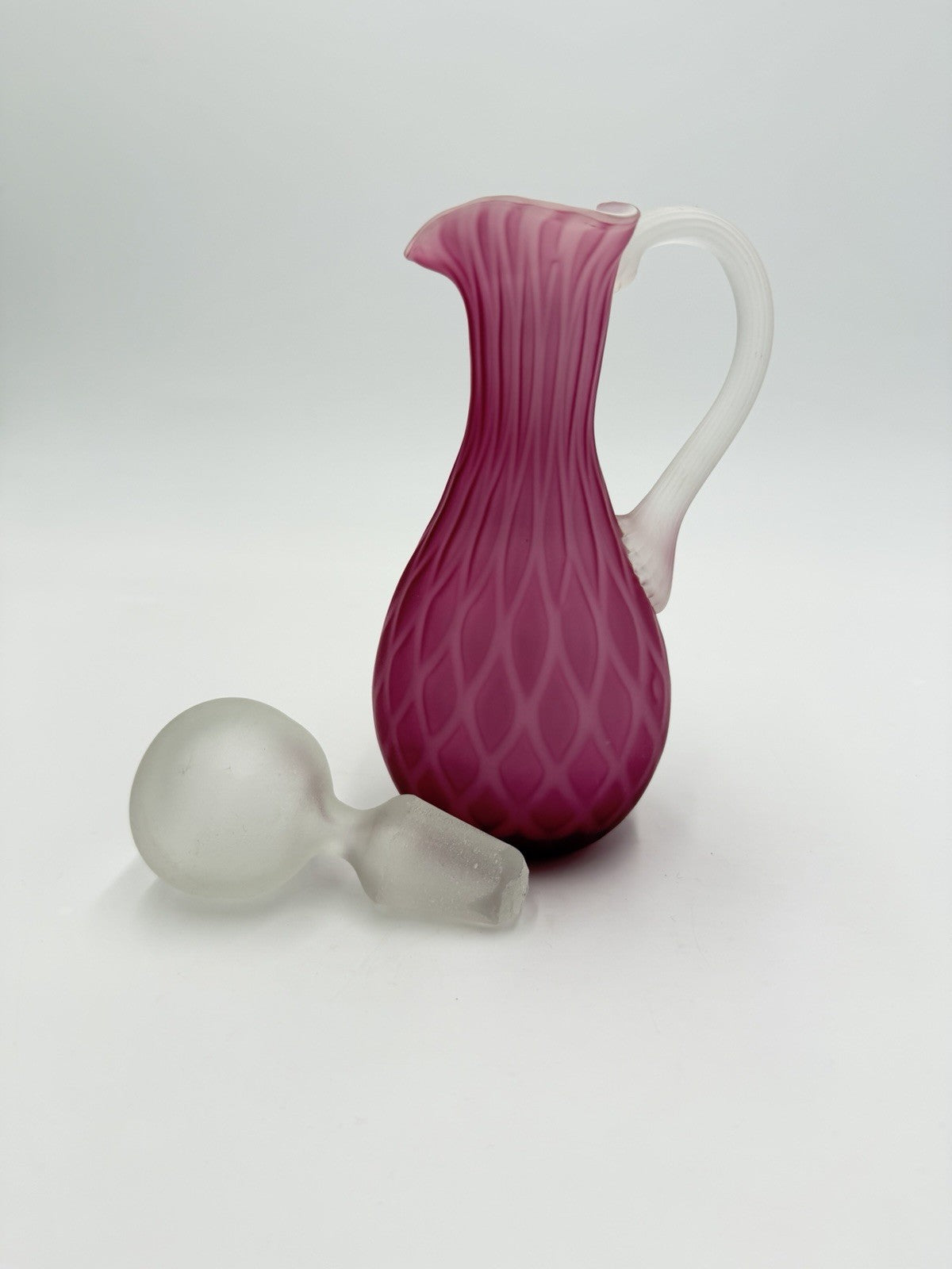 Murano Venice Art Glass Pink Satin Diamond Optic Pattern Cruet w/ Stopper 7.5”