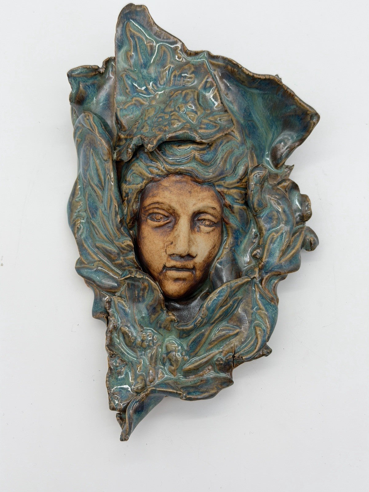 Art Nouveau Studio Art Pottery wall pocket sculpture Teal Blue Glossy 7.5”x4”