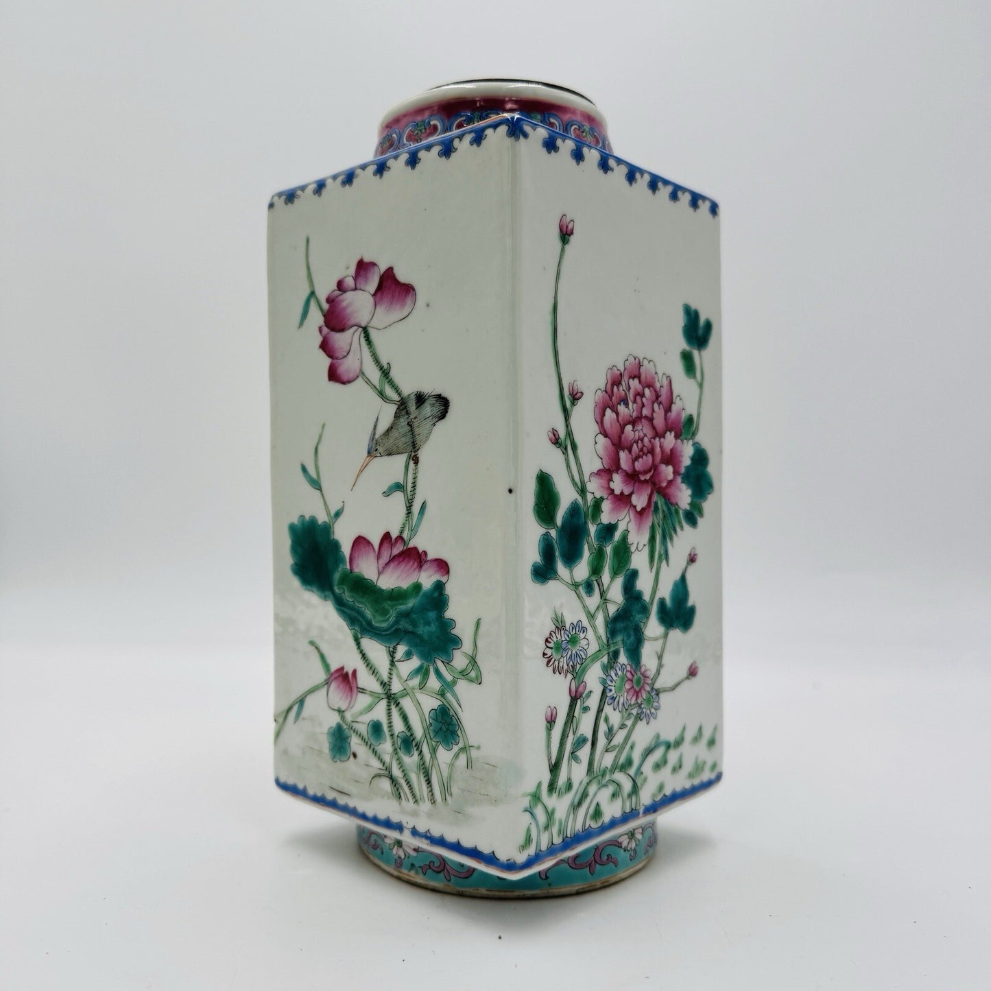 Antique REPUBLIC Chinese Famille Floral porcelain CONG vase CHINA MARK Rare