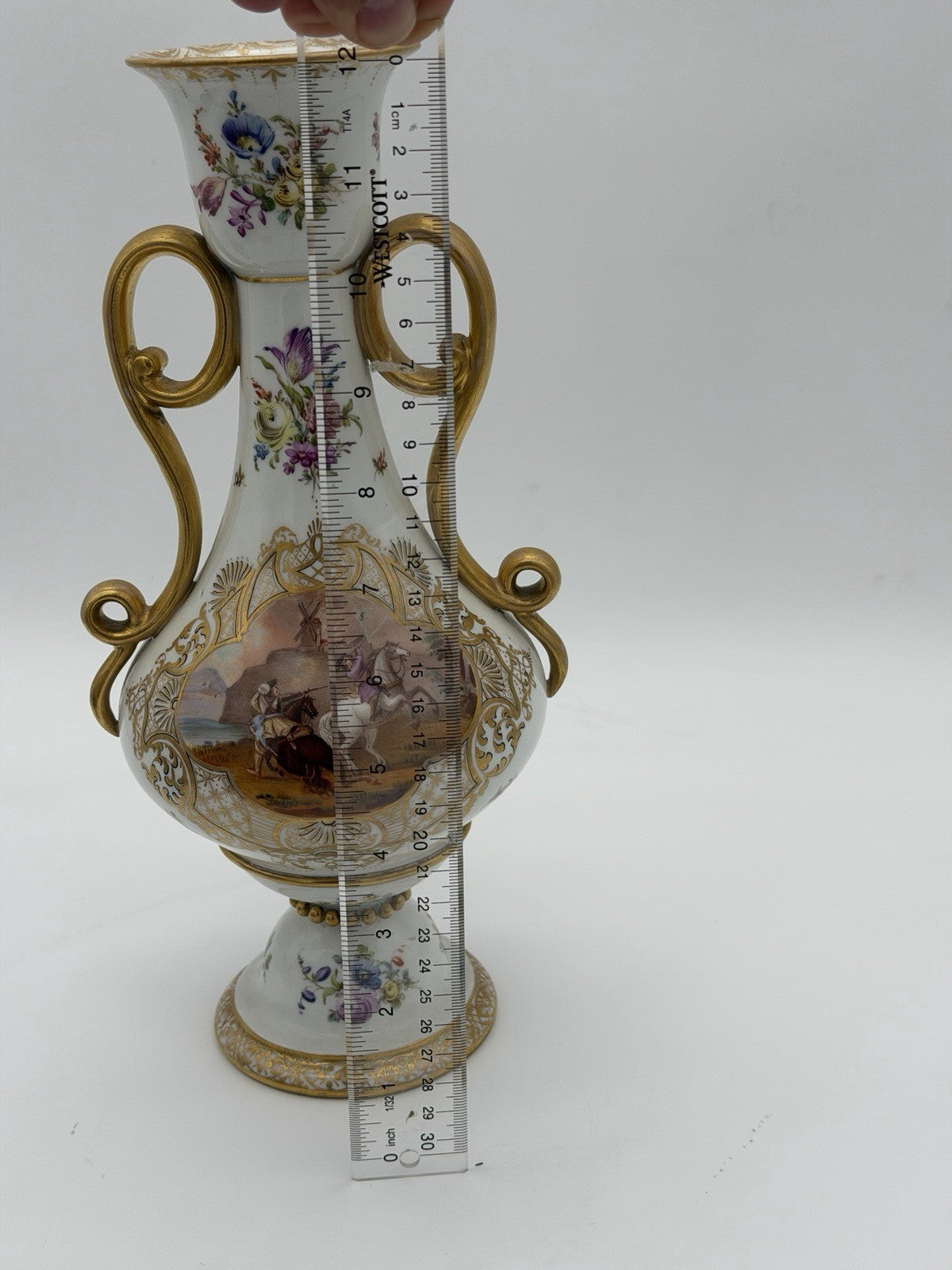 Antique Meissen Porcelain Amphora Double Handle Painted Horses Battle Vase 12”H