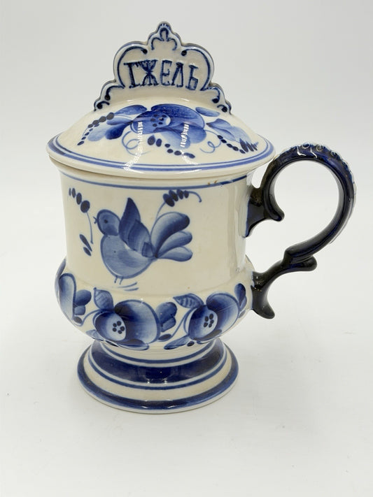 Gzhel Porcelain Russia Duggar Bowl White/blue Floral Pattern W/lid Vintage