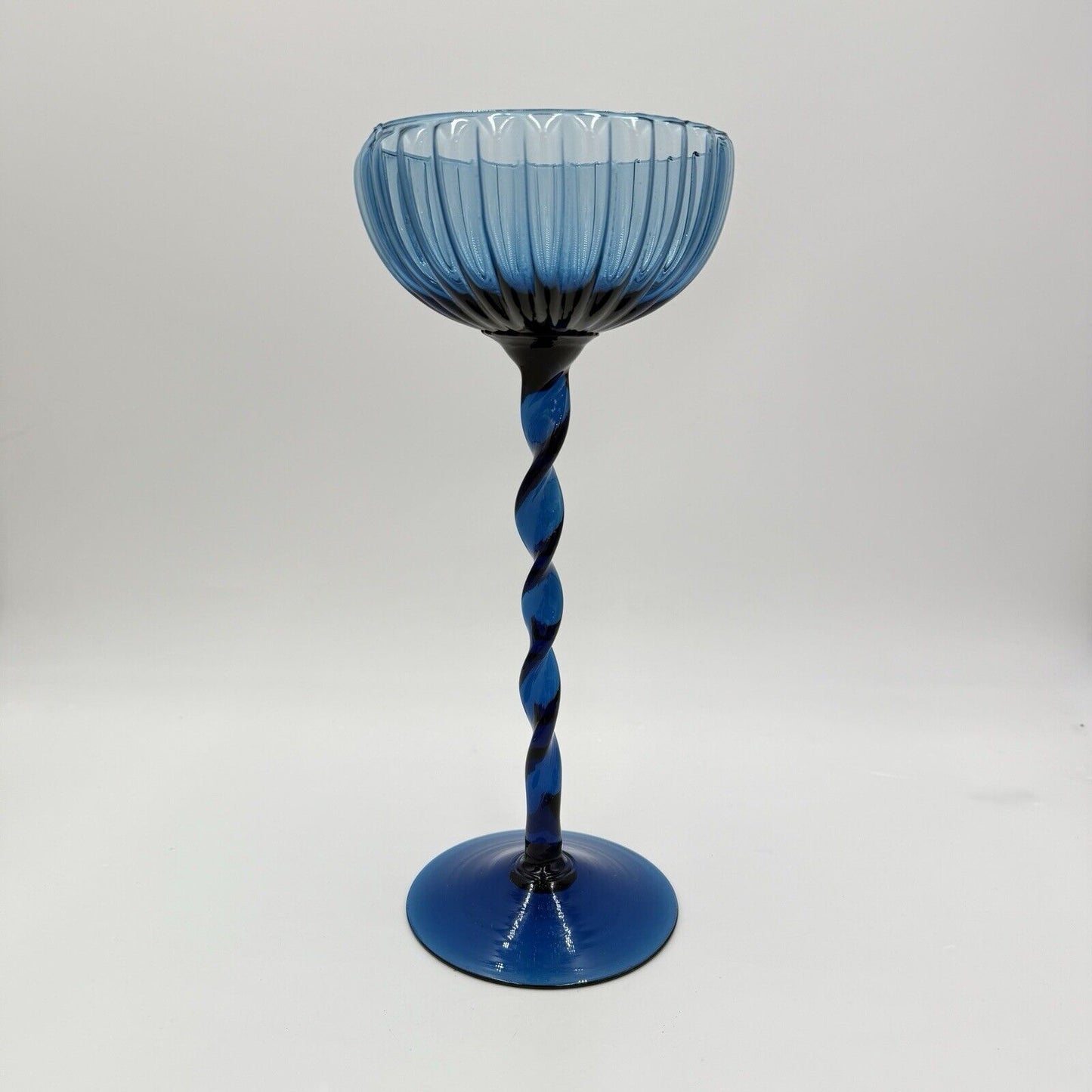 Vintage Empoli Italy Ribbed Optic Glass Twisted Stem Blue Compote 13”x6” MCM