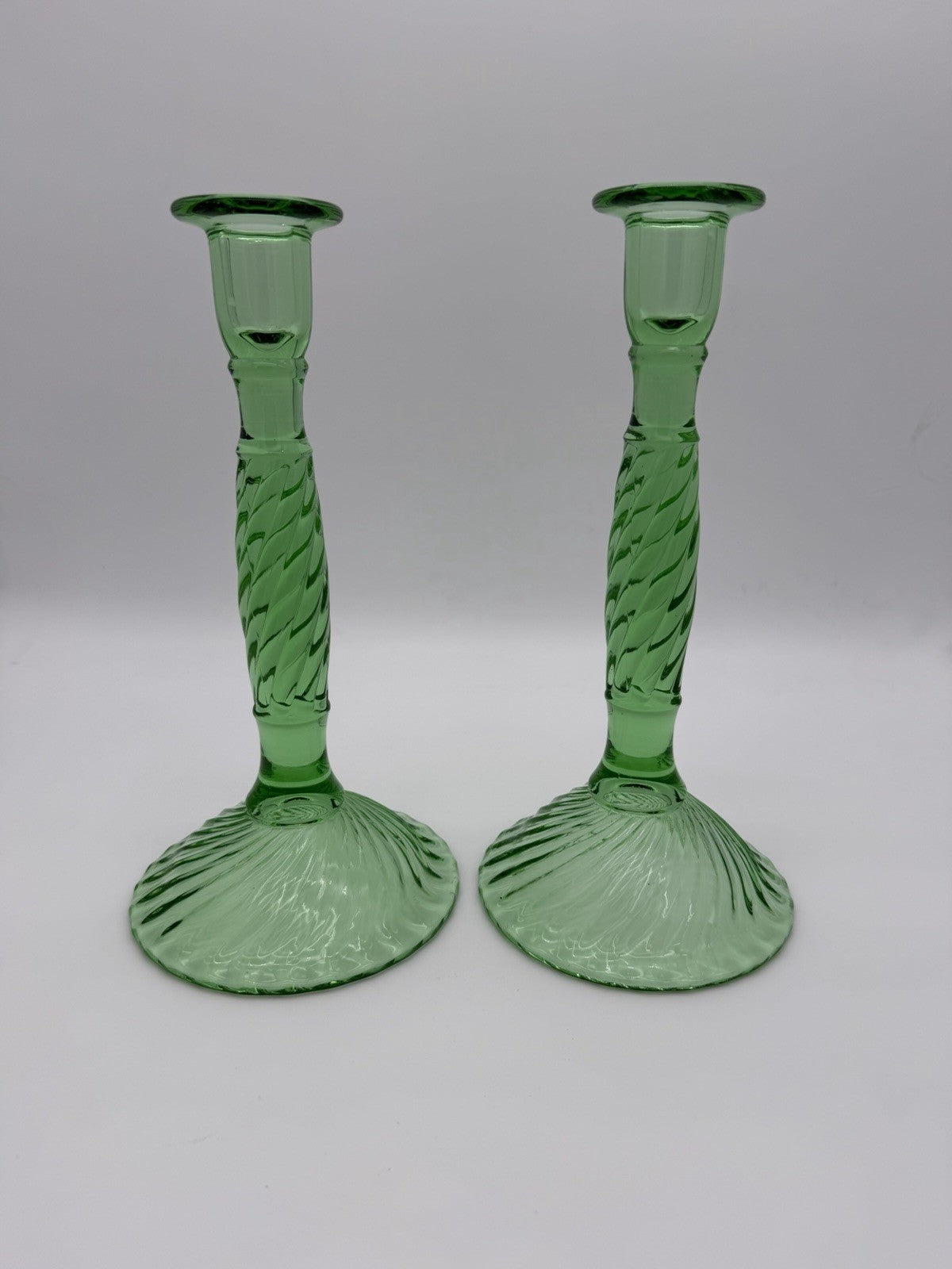 Antique EAPG art glass Swirl Early American Pressed Green mint candlesticks