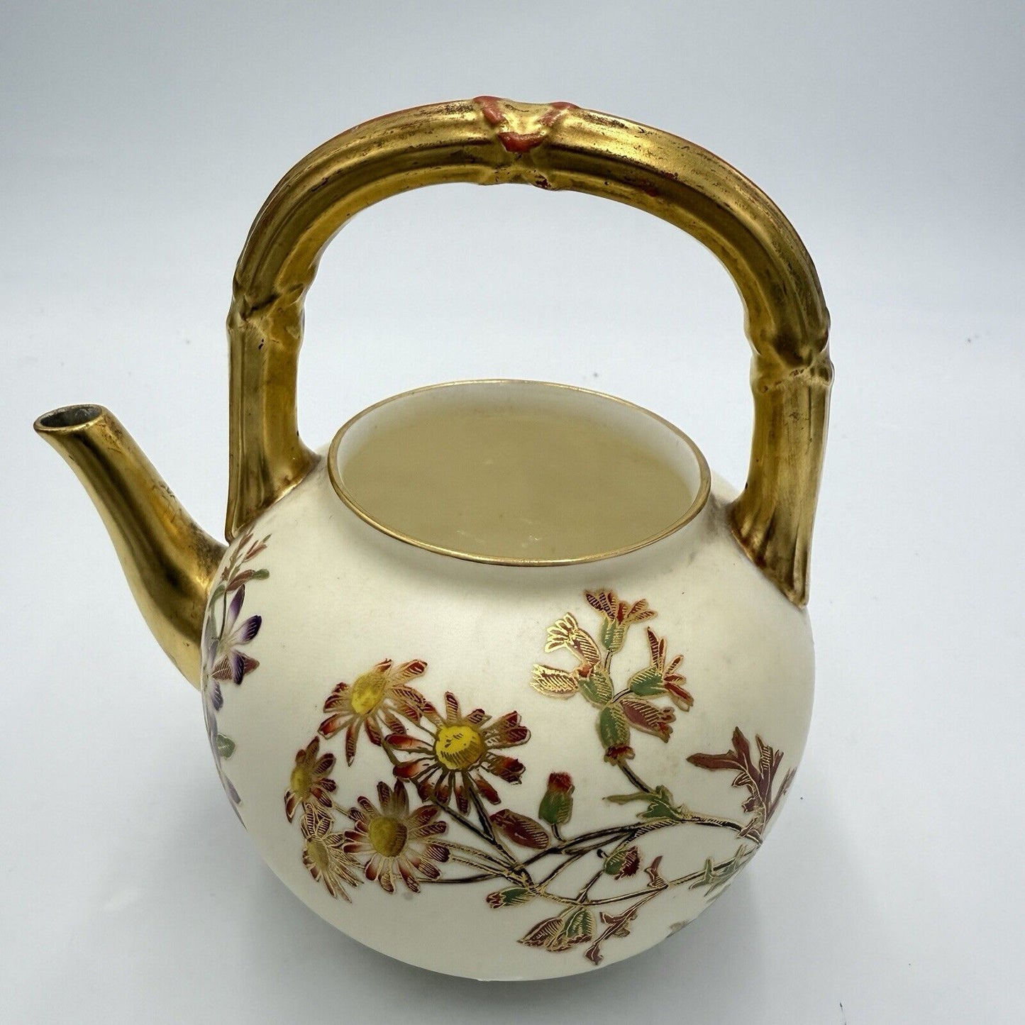 1885 English Victorian Royal Worcester Porcelain Floral Handle Teapot (No Lid )