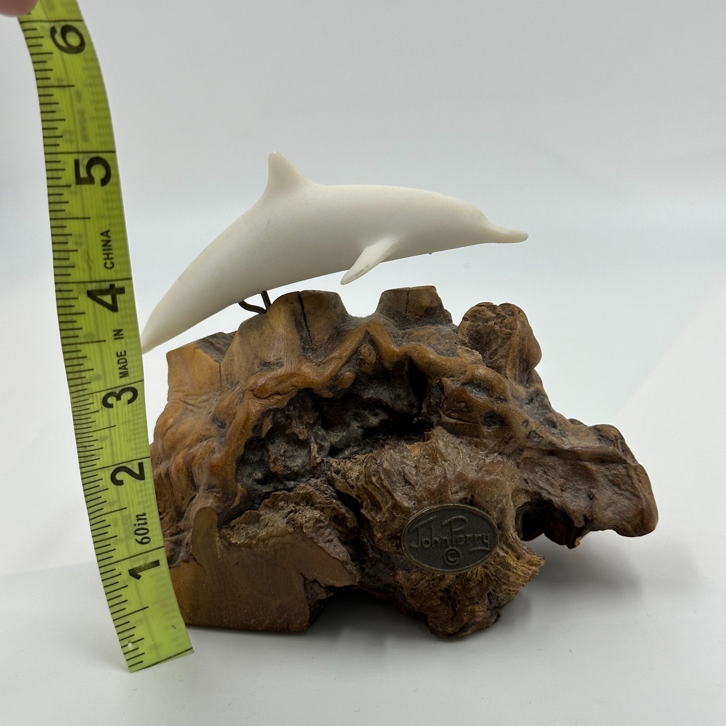 John Perry Dolphin Figure Pellucita Manzanita Wood Marked Ocean Sculpture Statue