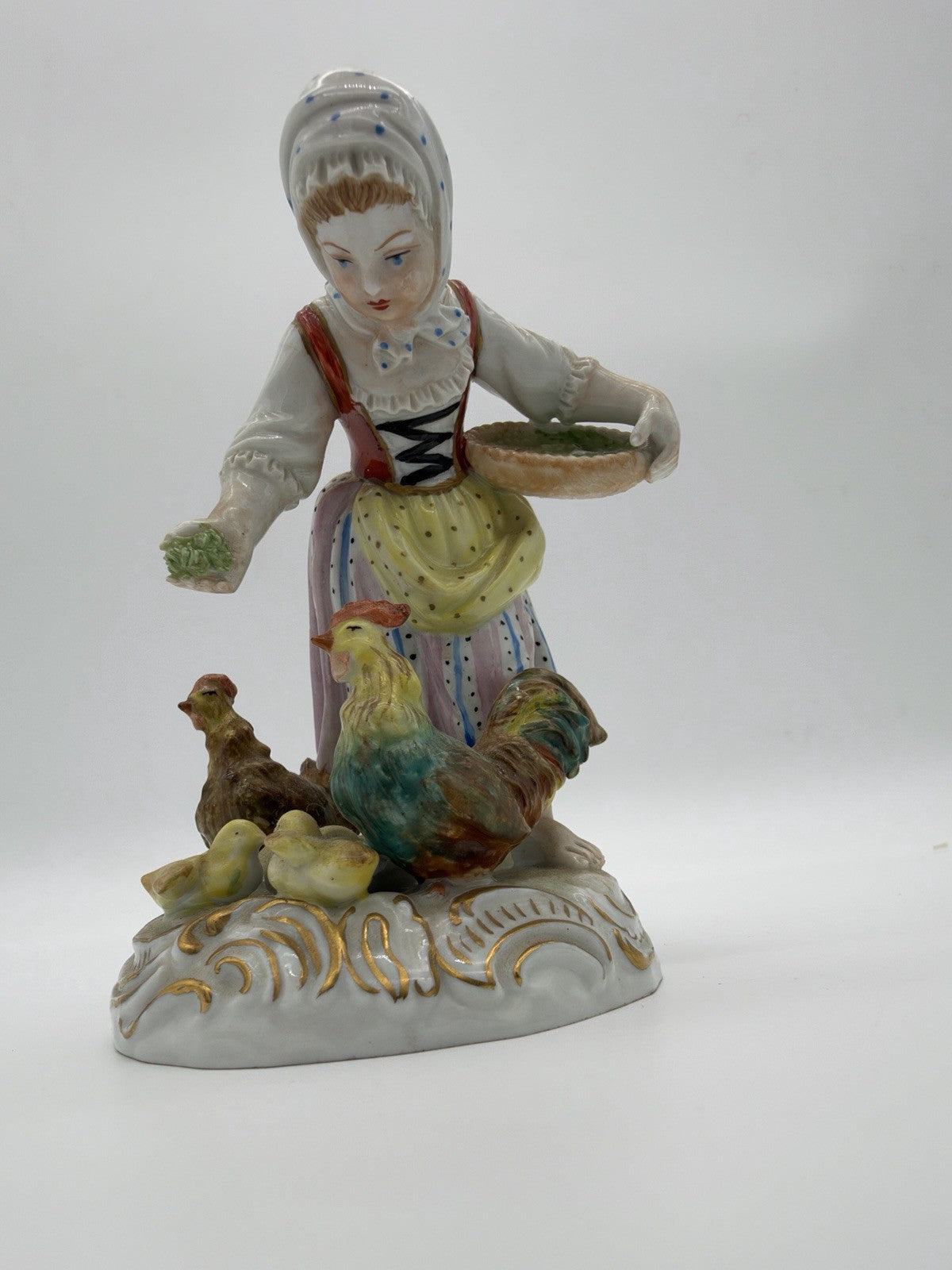 Antique Carl Thieme Dresden Germany Porcelain Painted Girl Feeding Chicken Figur