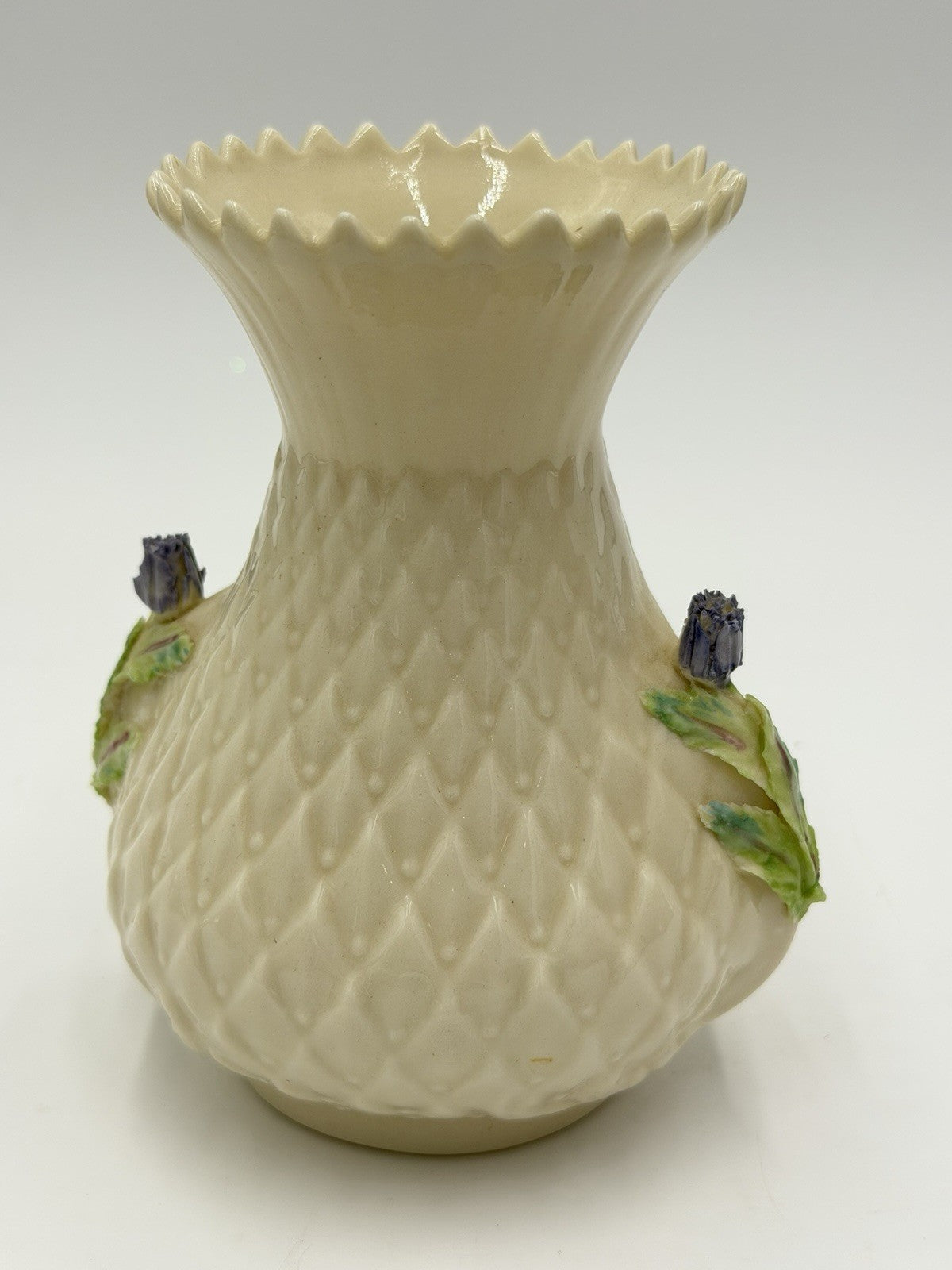 Vintage Belleek Irish Pottery 7th Gold Brown Stamp porcelain thistle vase 5.5” I