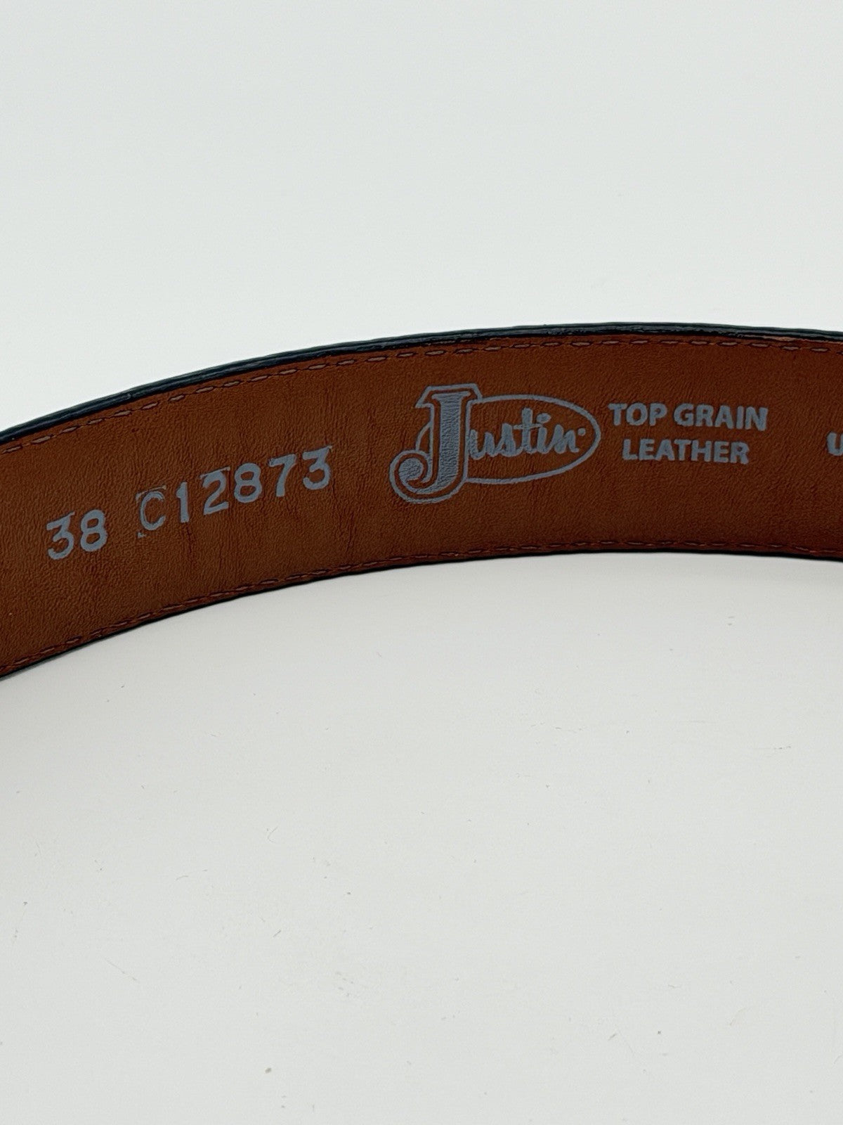 justin top grain leather belt C12873 Size 38 Black Silver Tone Buckle USA 45”L