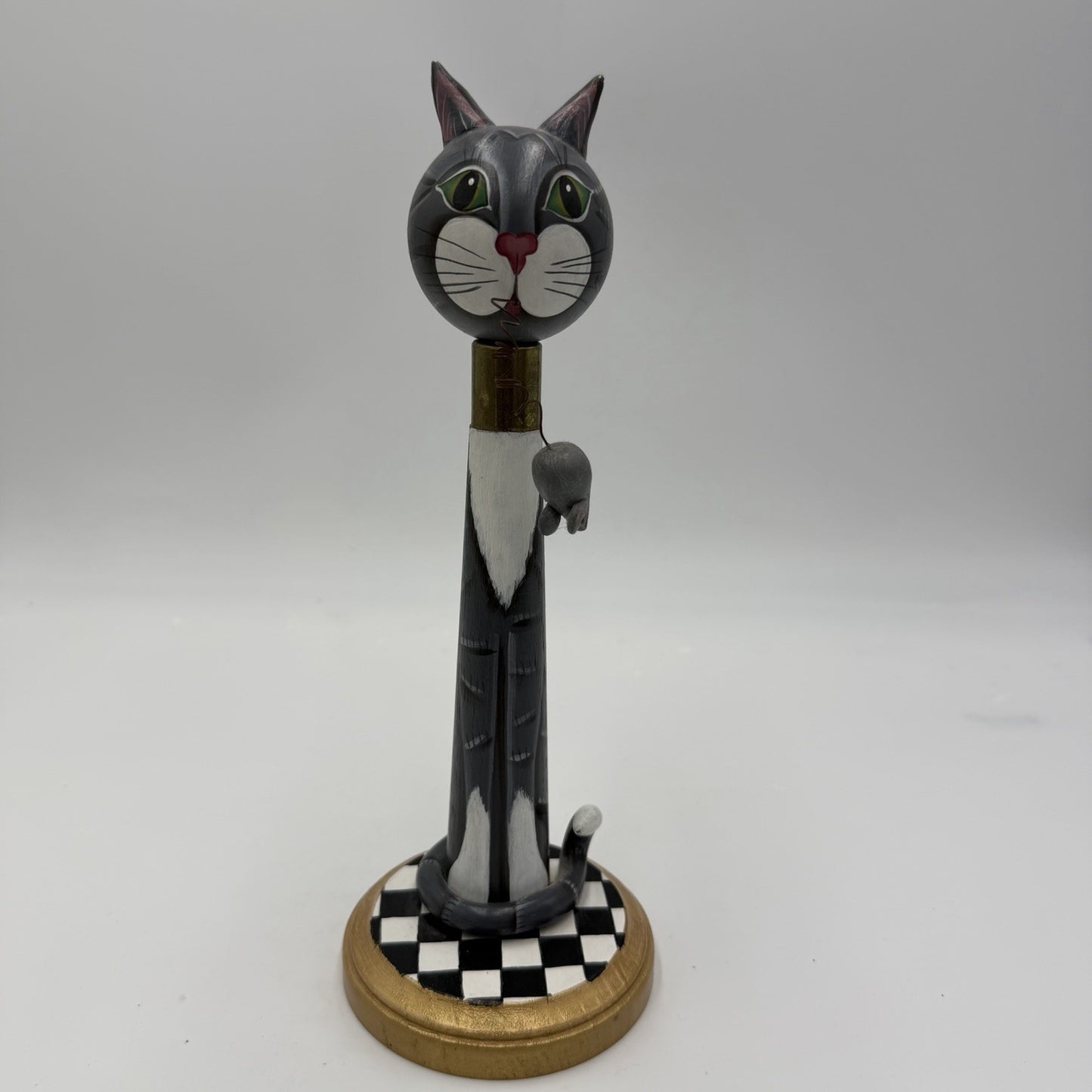 Vintage Folk Art American Spindle Art Cat With Mice Wood Carved 10.5”