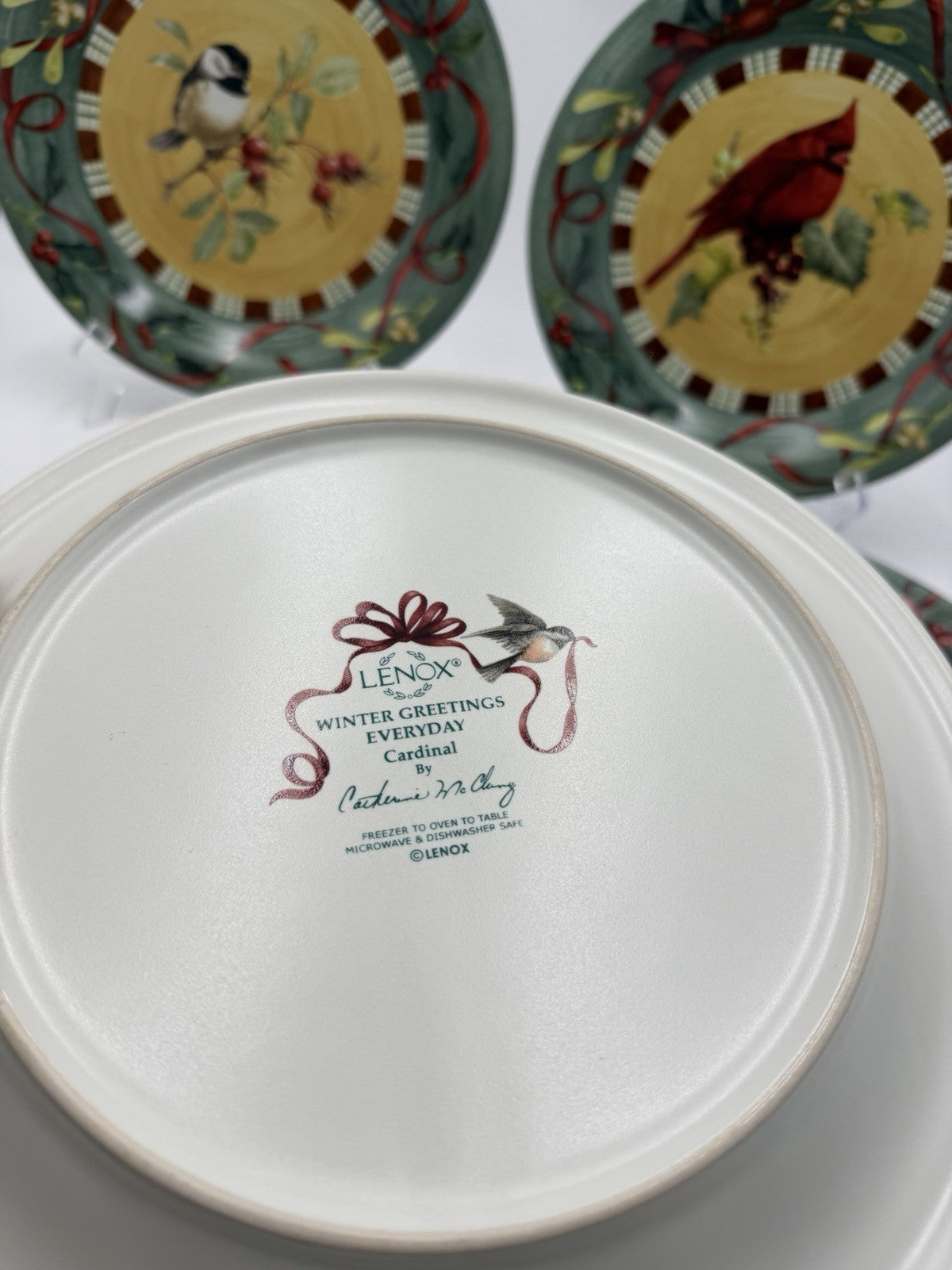 Lenox Porcelain Winter Greetings Everyday Dinner Plates Cardinal Chickadee Set 4
