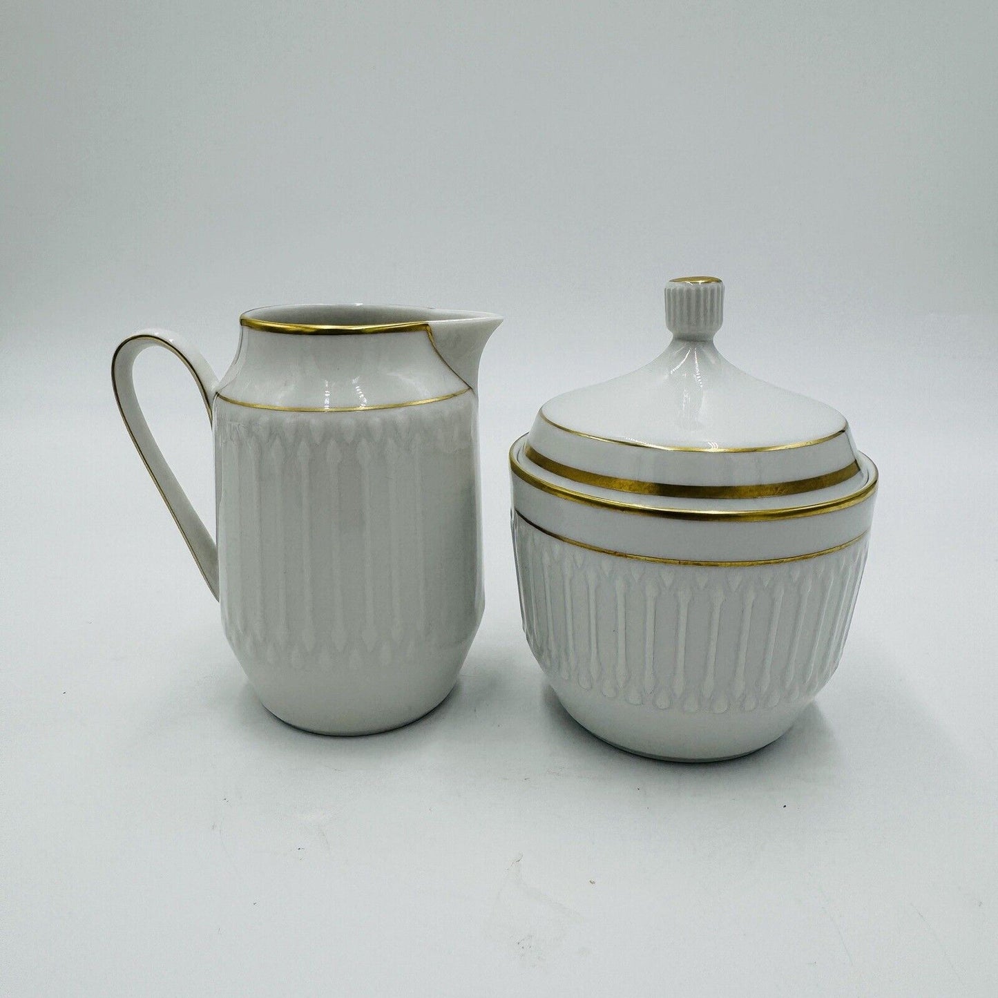 Rare Hutschenreuter Luxor Germany Porcelain 3106 Creamer & Sugar White Gold Trim