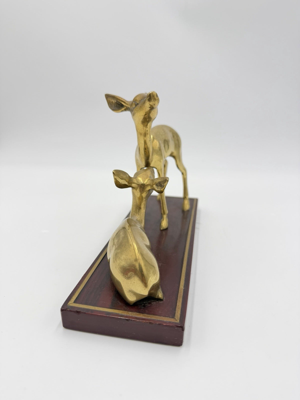 Vintage Gatco Solid Brass Deer Set on Wood Stand Woodland Figurines 6”x9”