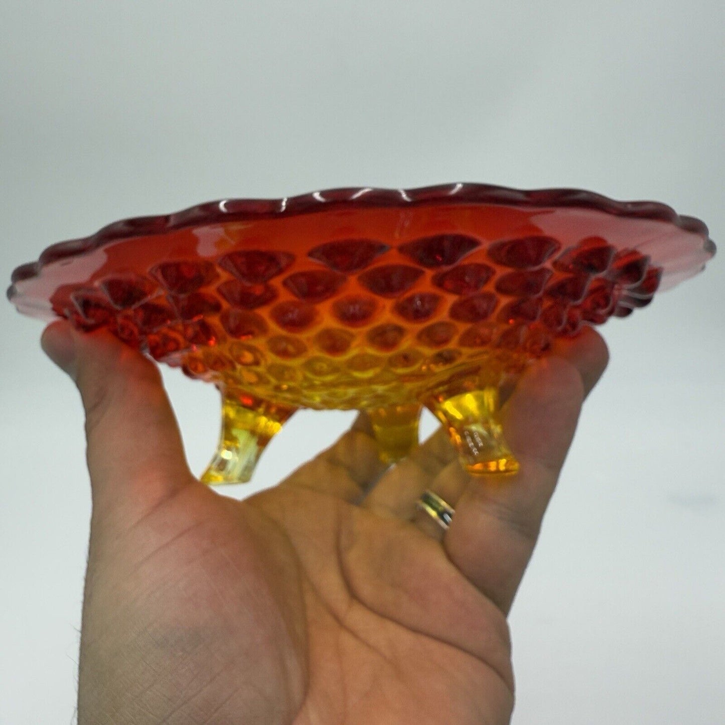 Vintage Fenton Art Glass AMBERINA Hobnail Footed Dish Bowl 7” Red/Orange