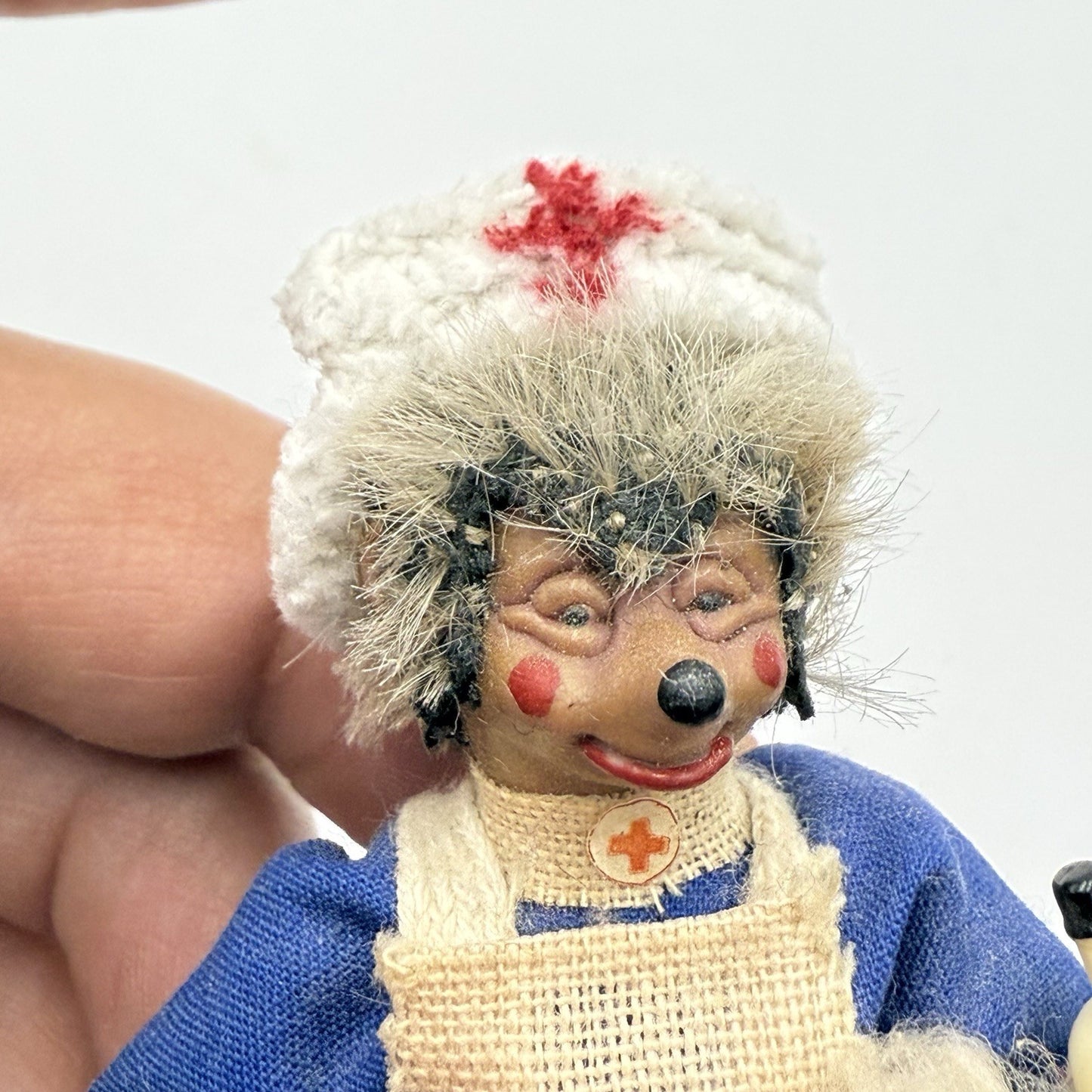 Vintage Peter Mecki 3.5" Steiff Hedgehog Doll Nurse With Medicine Tray & Hat