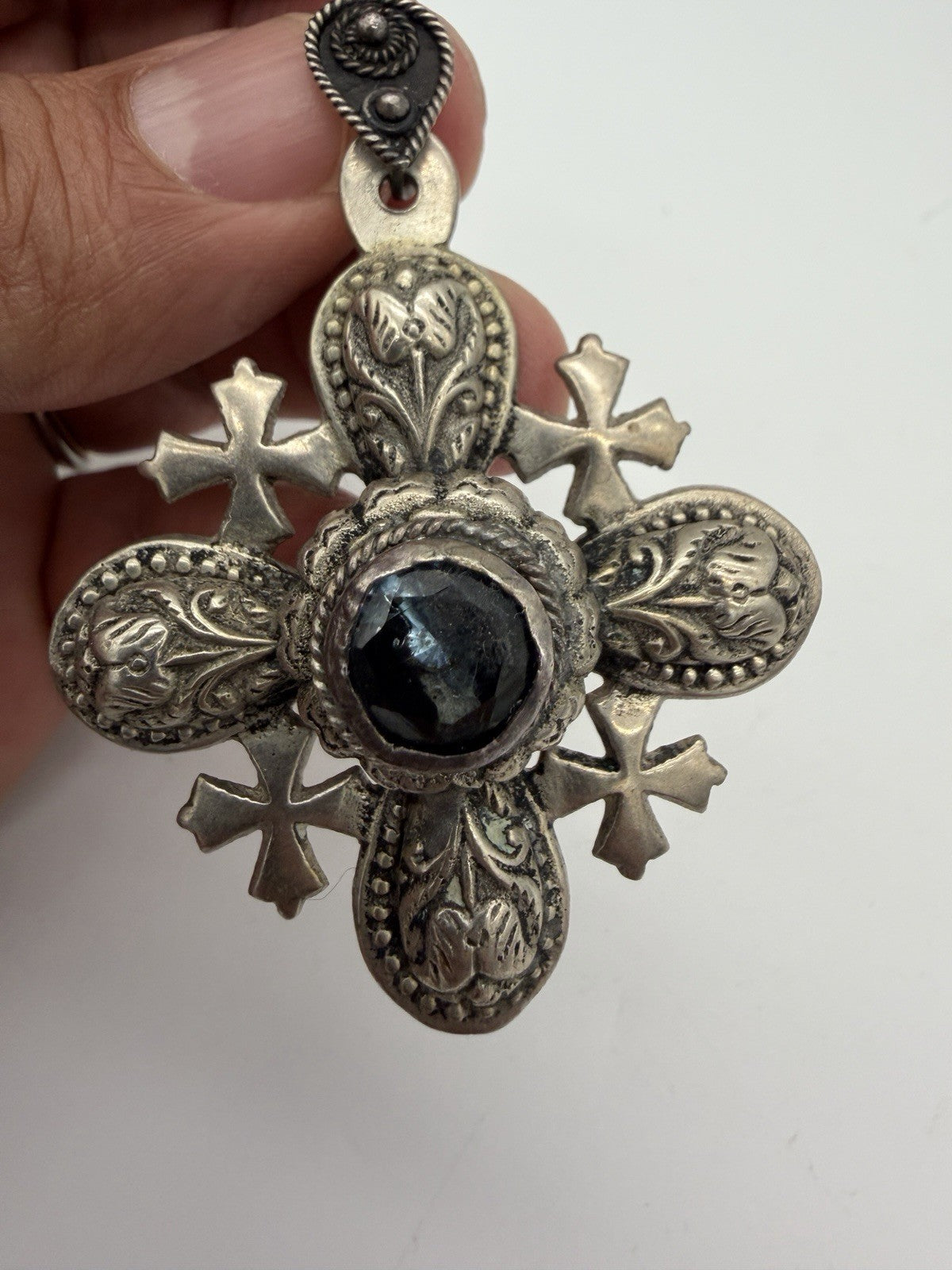 Vintage Ornate 950 Silver Jerusalem Cross 2.5”Pendant 33g Blue Onyx /cabochon