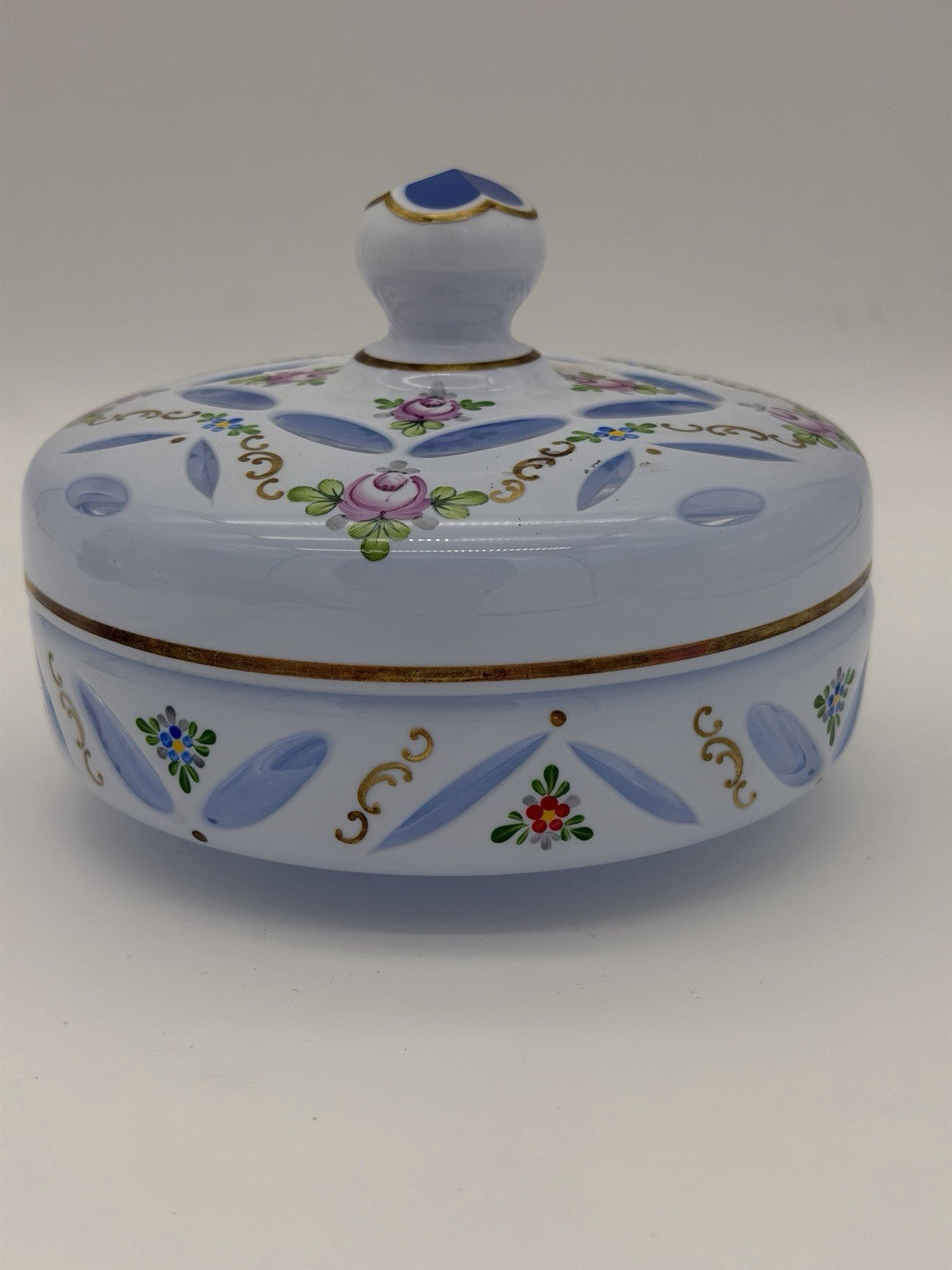 Czech Bohemian Baby Blue Cased to Blue Art Glass Lidded Candy Dish Large 6”x5”