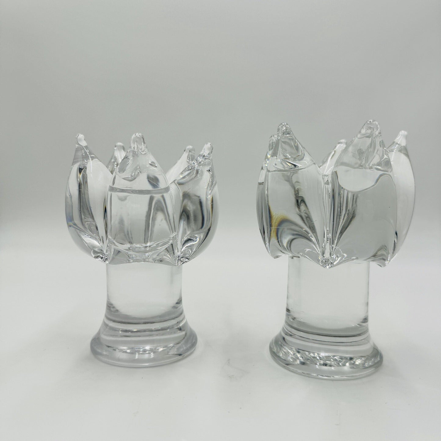 2 Kosta Boda Goran Warff Clear Glass Candlestick Holders 5.25in Signed Vintage