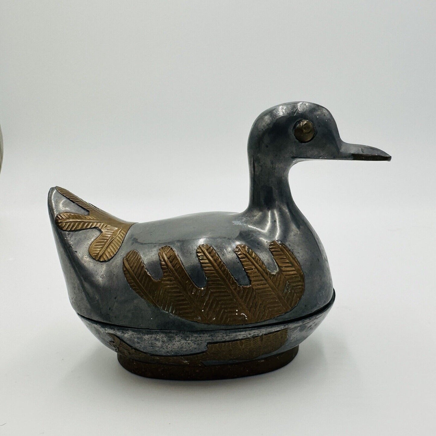 Duck Trinket Jewelry Box Pewter Brass Metal Hand Crafted Vintage 1960s MCM