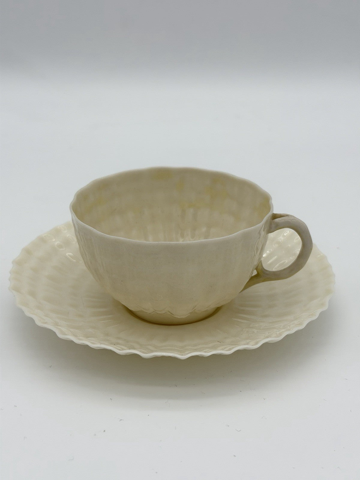 Belleek Ireland Porcelain Tridacna Shell Pattern Tea Cup & Saucer Set Vintage