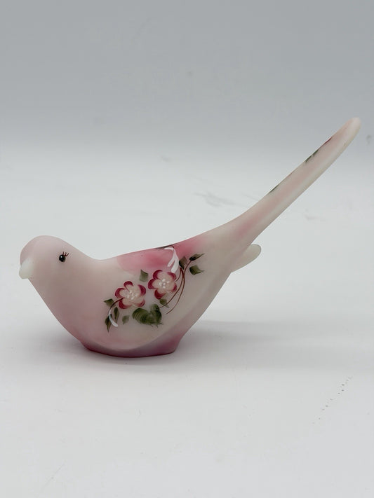 Fenton Rosaline Pink Satin Art Glass Bird Hand Painted Signed Shelley Fenton