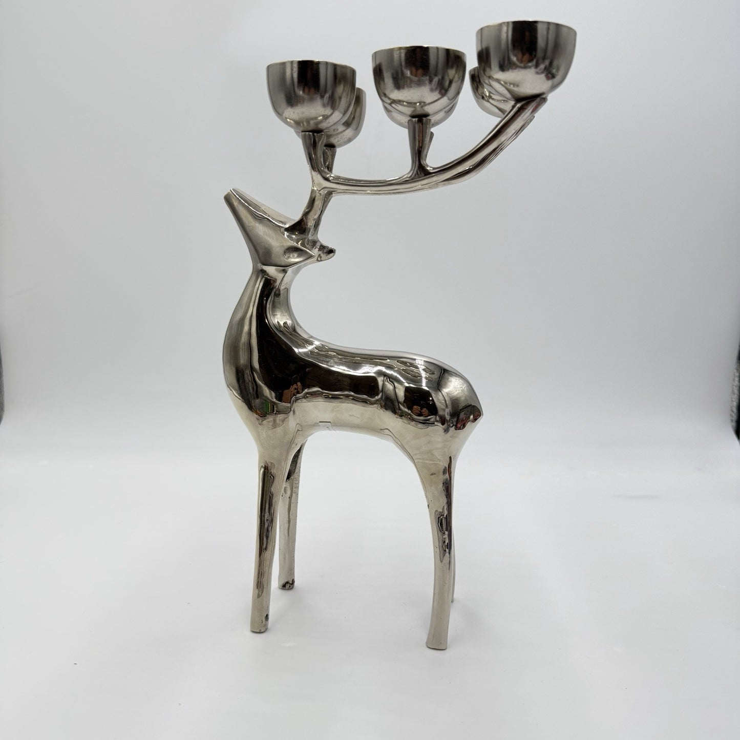 Pottery Barn Reindeer Silver Tone Holiday Votive Candelabra 12”x 7” Candle Holde