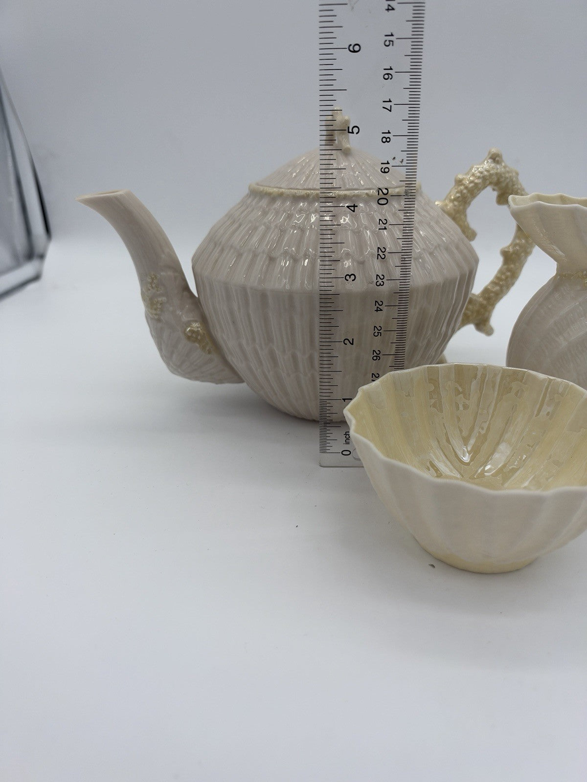 Belleek Ireland Limpet Shell Pattern Teapot Creamer &sugar Bowl 2nd Green Mark
