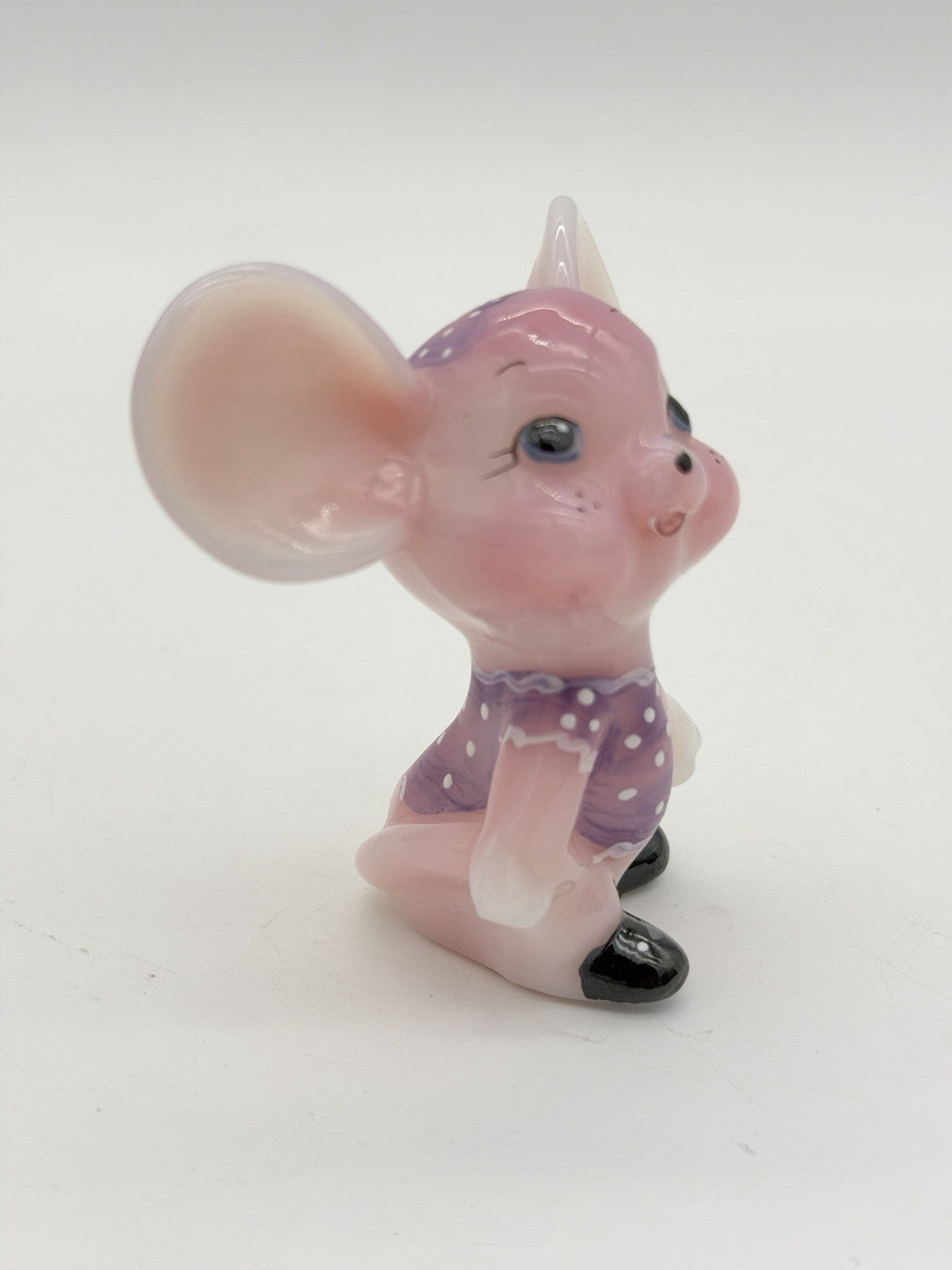 Fenton Art Glass Rosalene Purple Polka Dot Dress Hand Painted Mouse Figurine