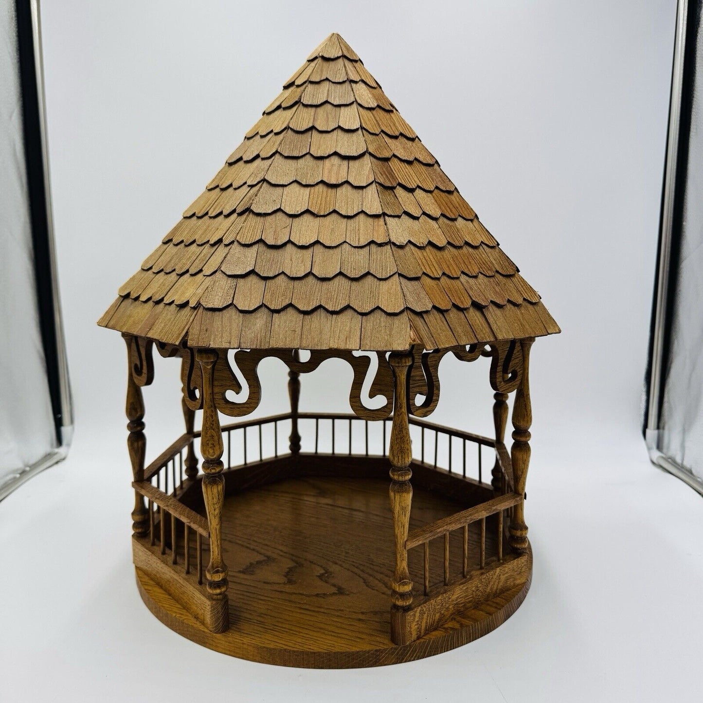 Large Folk Art Solid Wood Gazebo Bird feeder Vintage 1970s 18”x 14” Ornate Carve