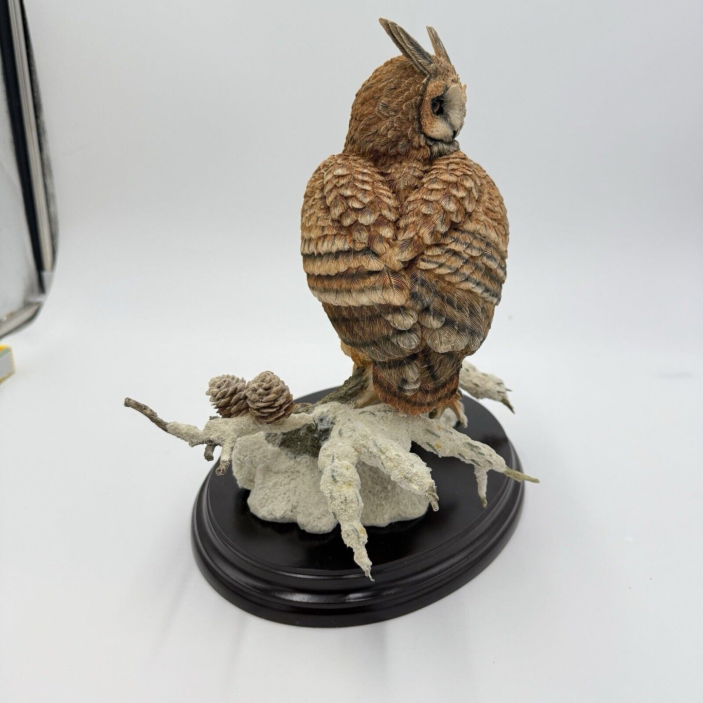 Large Country Artist Long Eared Owl Painted On Wooden Base 2002 Rare 11”H