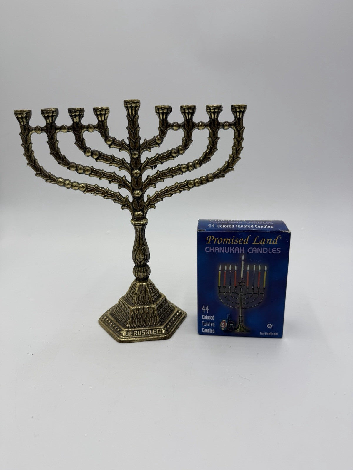Vintage Brass Hanukkah Menorah Jerusalem Judaica candlestick Israel 8in