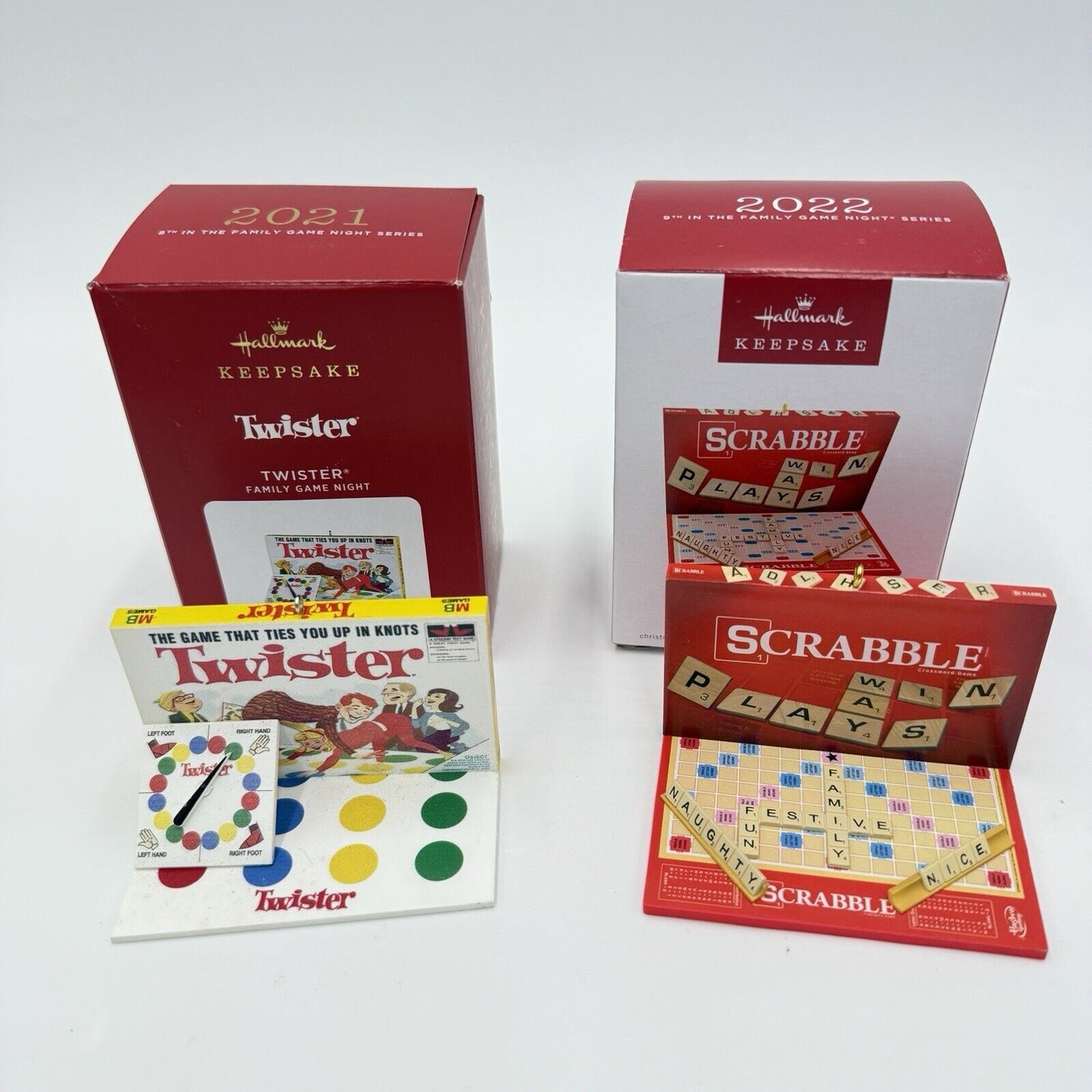 Hallmark FAMILY GAME NIGHT Ornaments 2021 TWISTER & 2022 SCRABBLE NIB