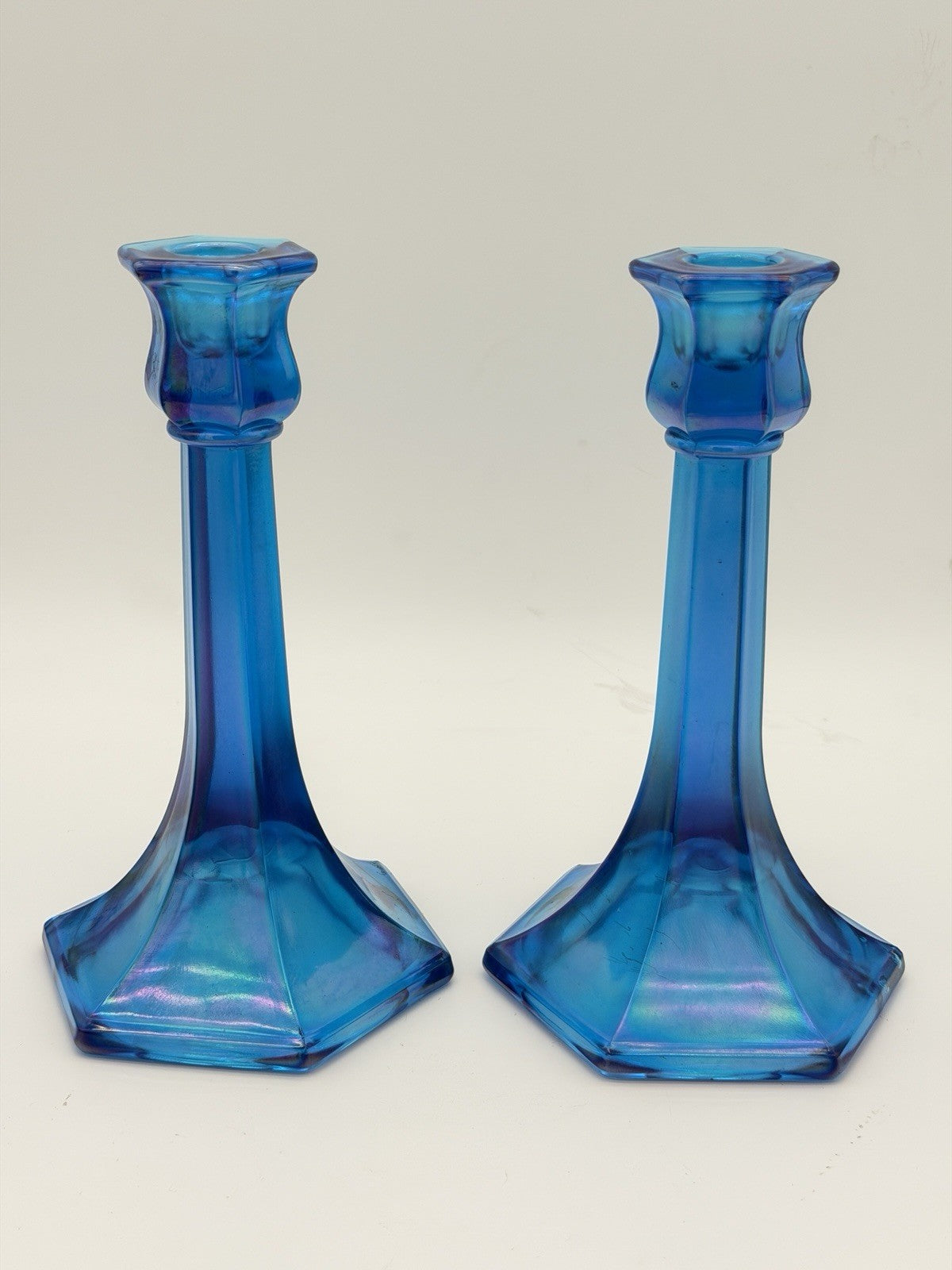 Fenton Florentine Celeste Blue Iridescent Carnival Art Glass Candle Sticks