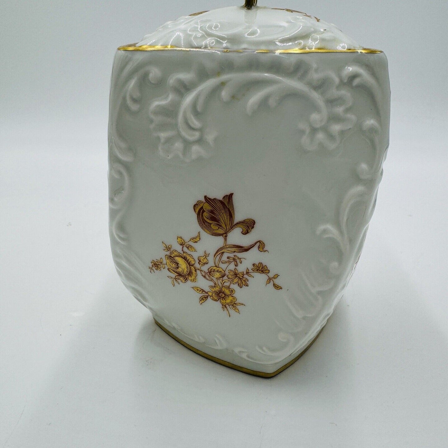 Rare Limoges France Porcelain Floral Gold Painted Biscuit Jar Lidded 7”twisted