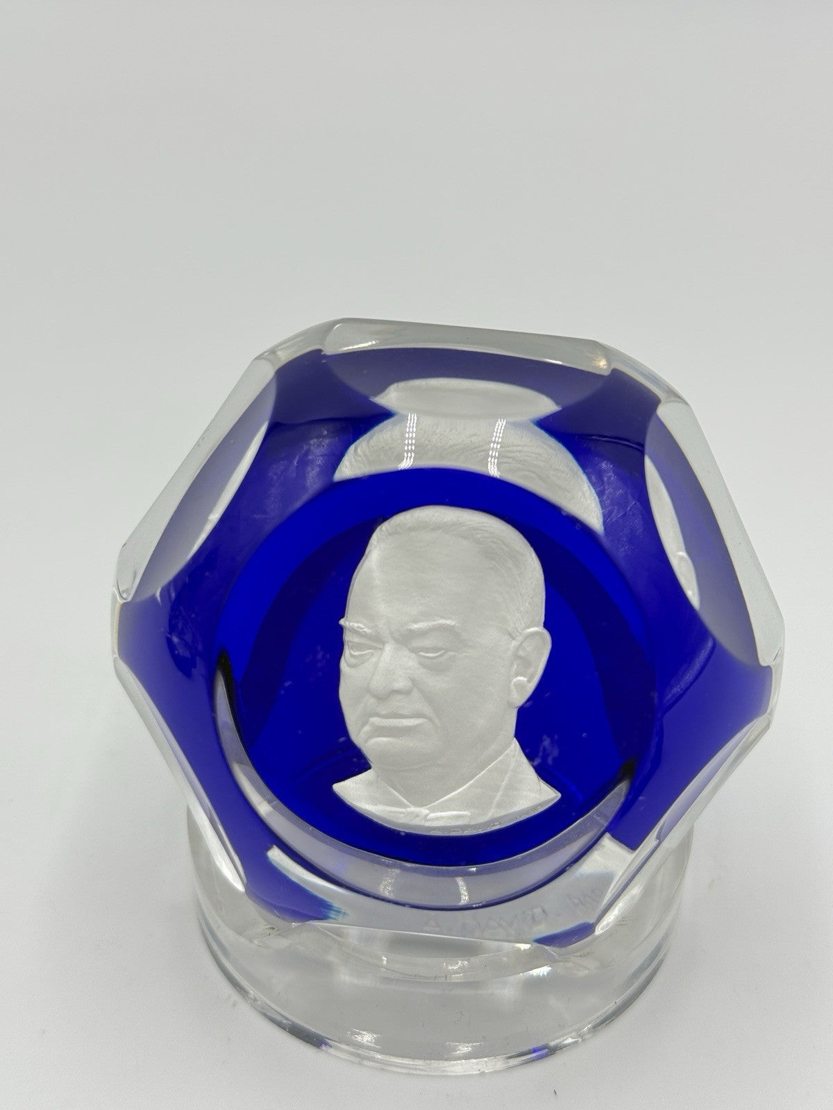Baccarat Blue French Crystal Paperweight President Herbert Hoover Cameo