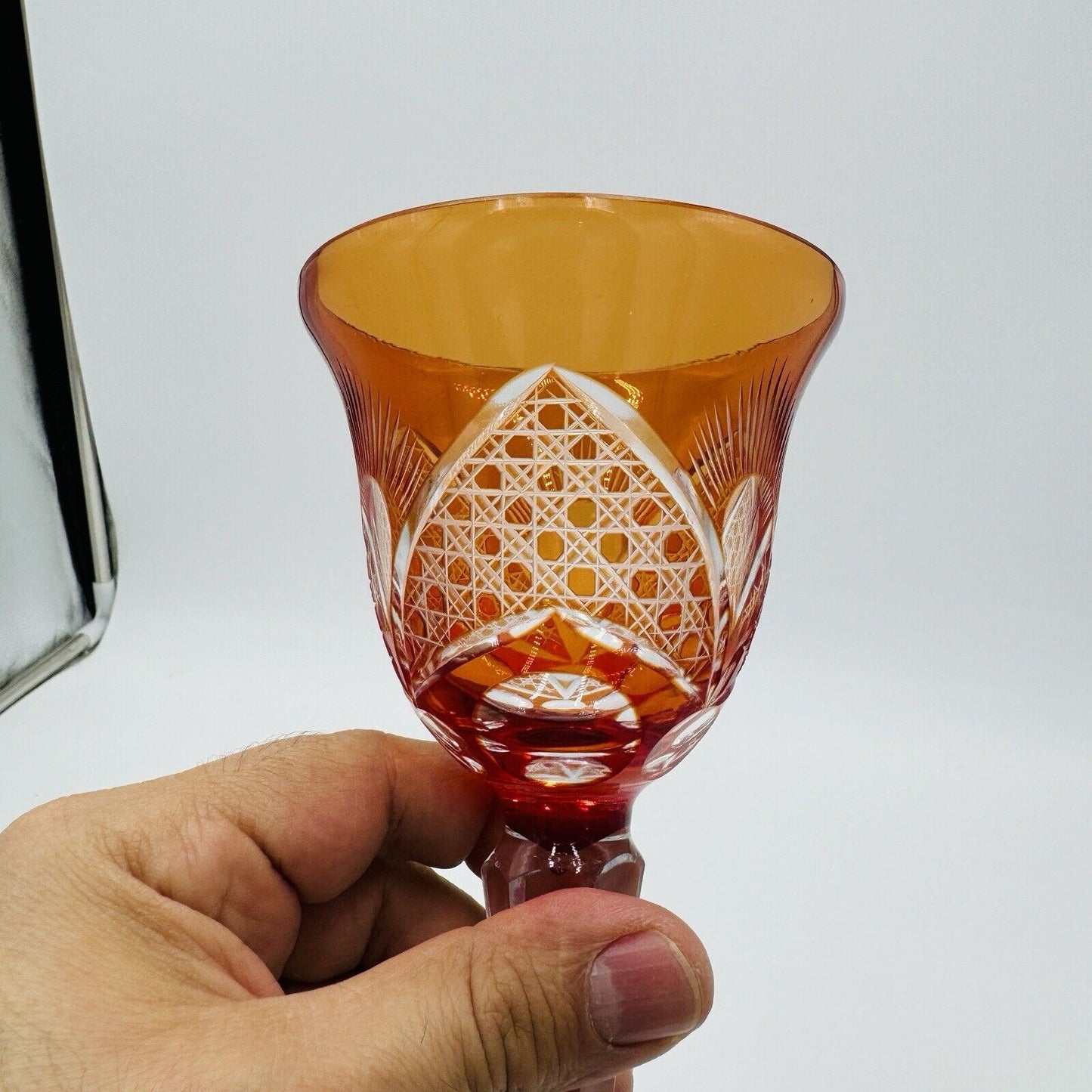 Bohemian crystal cut wine glass orange replacement 8” Vintage Etched