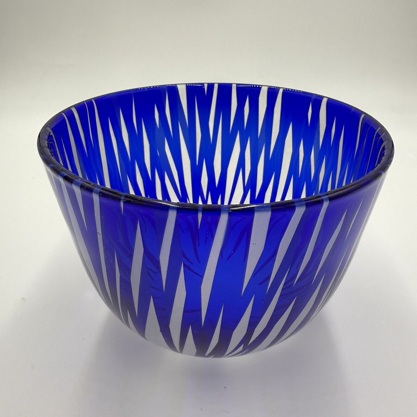 Engebretson Nielsen Art Glass Bowl Cobalt Interior Cut To Clear Signed 5”x6.5”