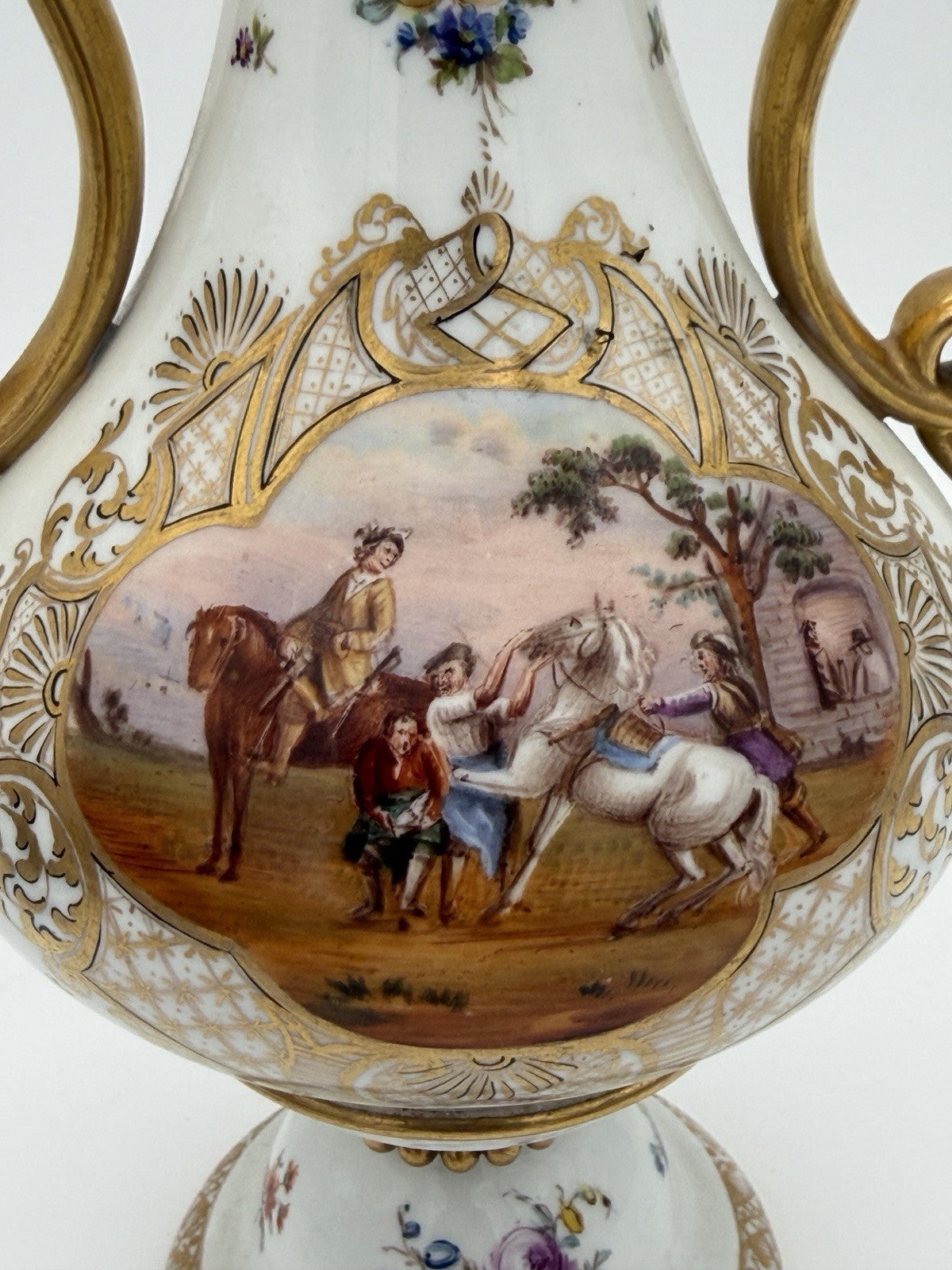 Antique Meissen Porcelain Amphora Double Handle Painted Horses Battle Vase 12”H