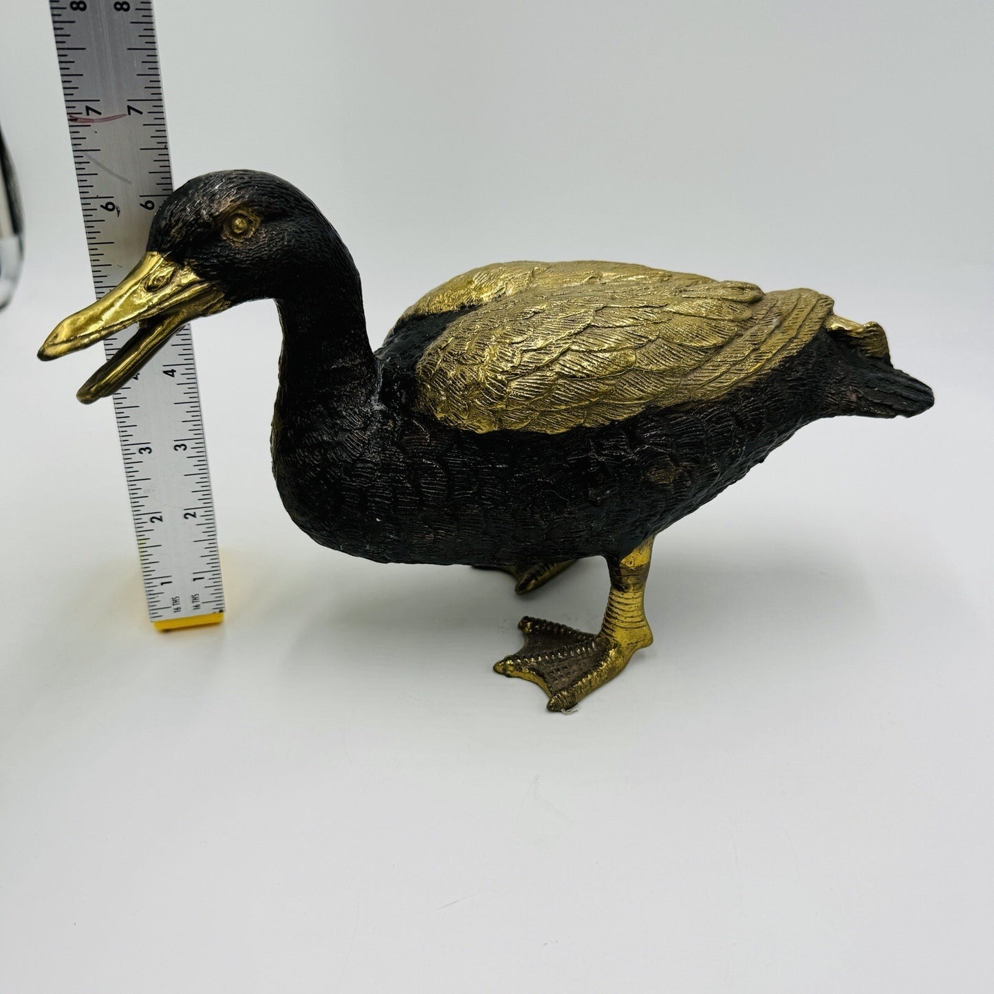 MCM Solid Brass Duck Mallard Sculpture Detailed Vintage 6in H x 11in L Rare