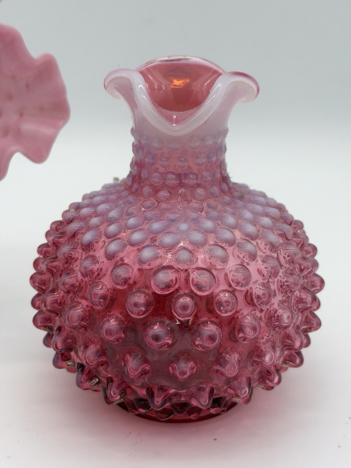 Vtg Fenton Art Glass Cranberry Opalescent Hobnail Ruffled Bowl & Pitcher