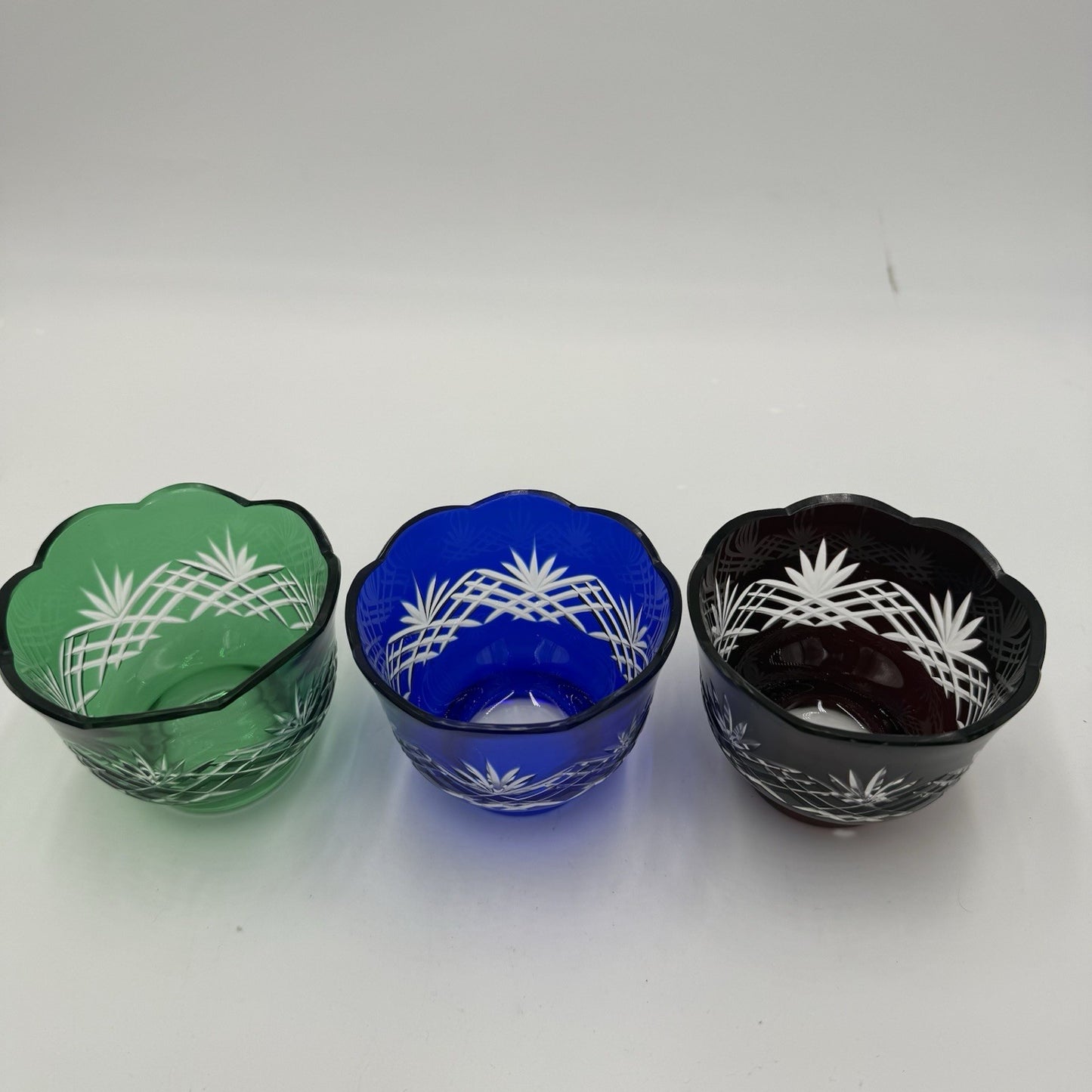 Vtg Bohemian Colored Crystal Cut  Scalloped Edge Votive Green Blue Purple 3 Pcs