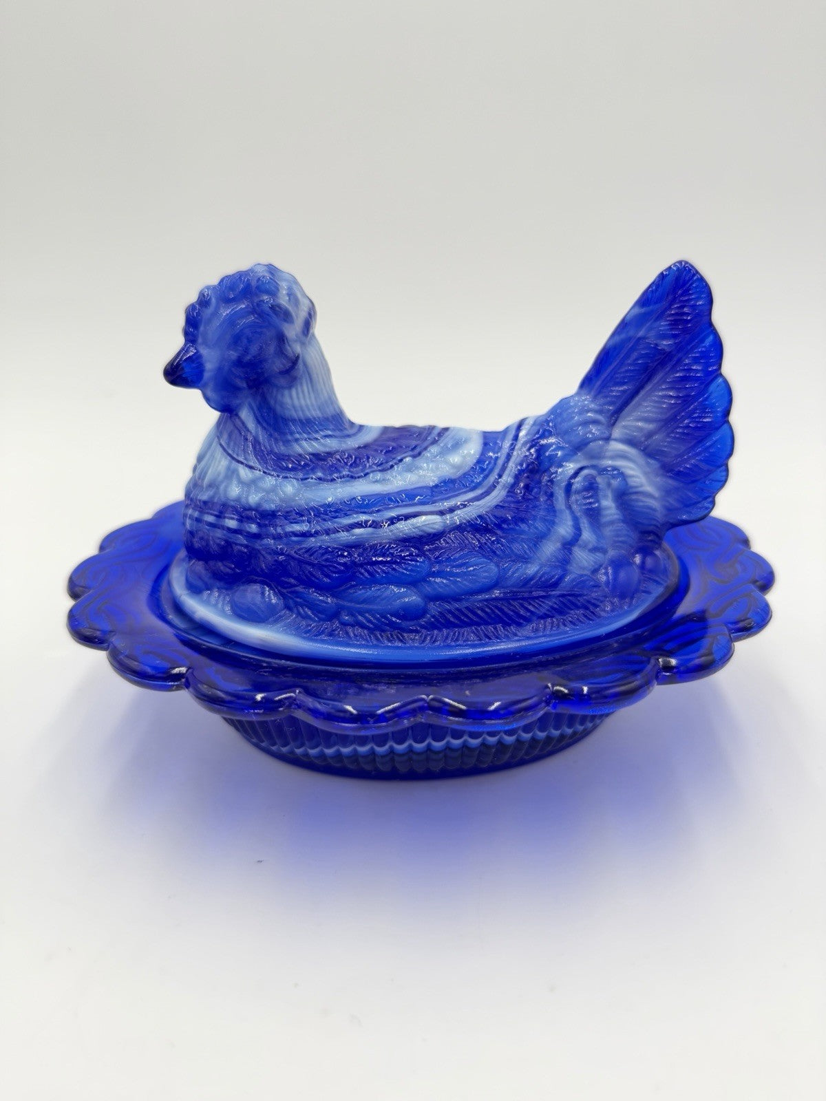 Mosser Art Glass Swirl Hen On Nest 6.5" Cobalt Blue & White Slag Covered Dish