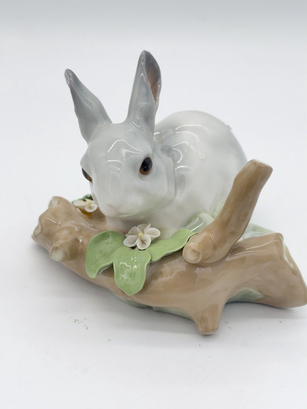 Lladro Spain Porcelain Bunny Rabbit Eating On Branch Gray /white Figurine Vintag