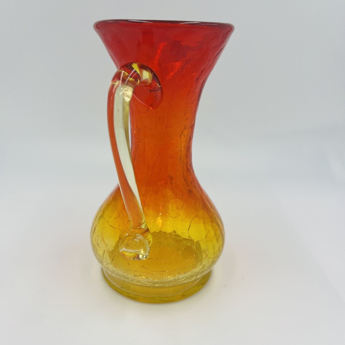 Pitcher Vase Crackle Glass Amberina Hand Blown Art Mini Vintage Red Yellow