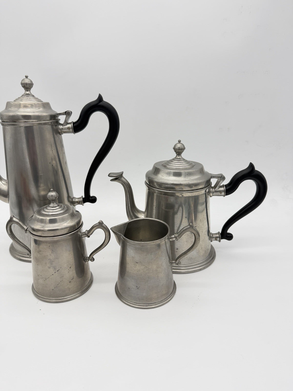 ROYAL HOLLAND Pewter Colonial Black Handle Coffee & Tea Set 4 PCs Daalderop Vtg