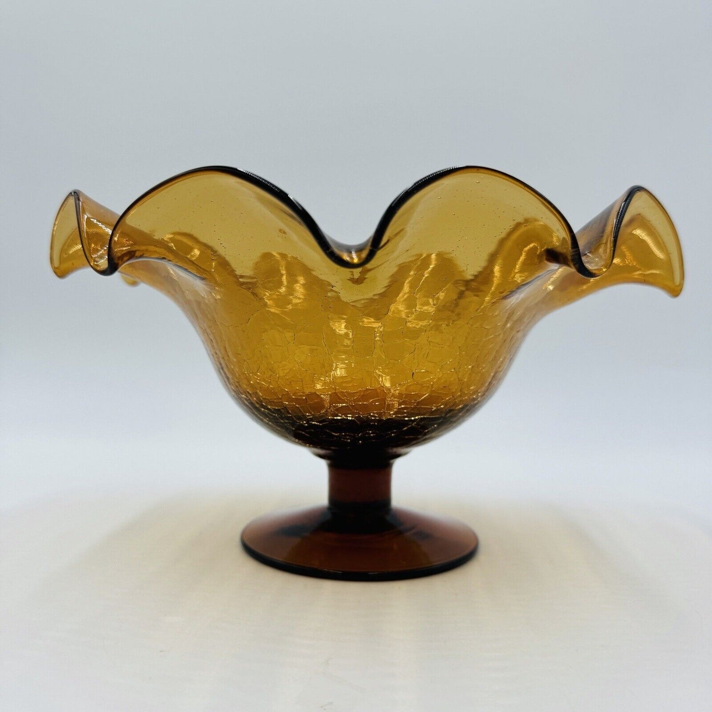 Blenko Art Glass  Amberina Footed Vase Ruffled Crackled Compote 5.5”H x 9”