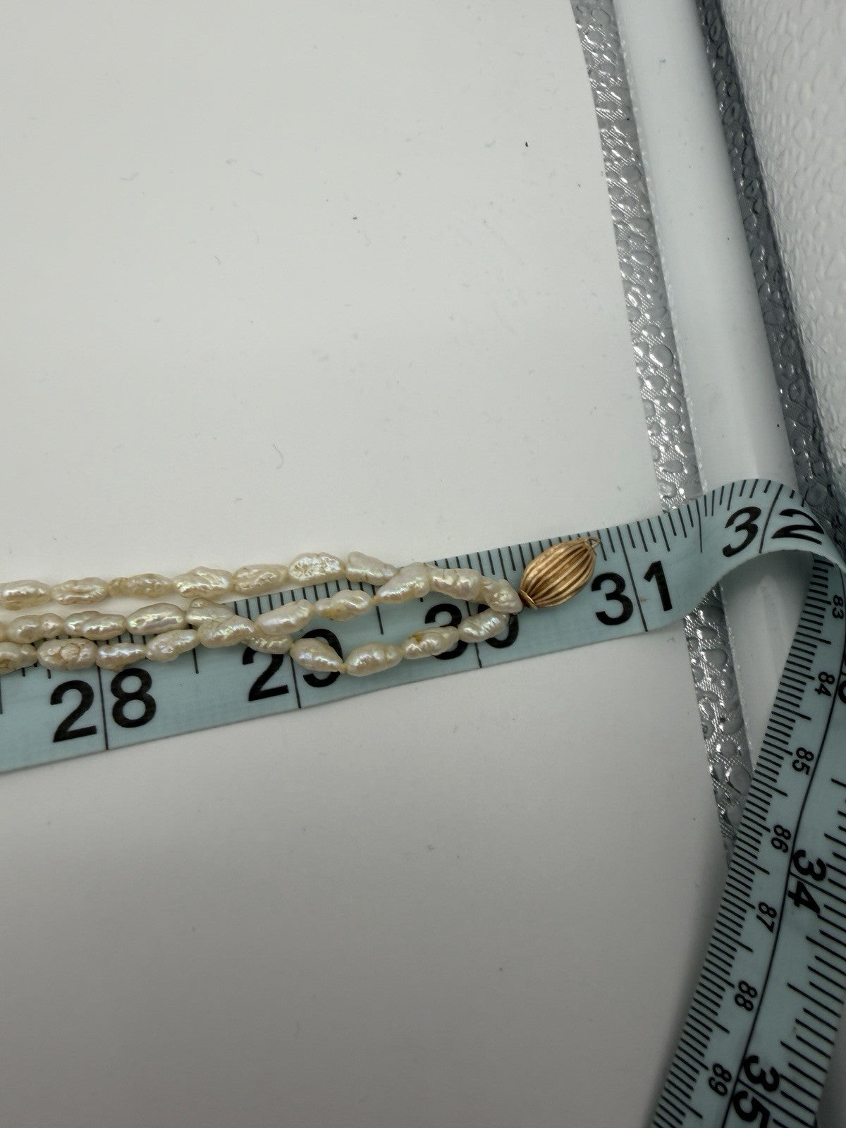 14K Yellow Gold Ribbed Beaded Freshwater Pearl Necklace Triple Strand 31”
