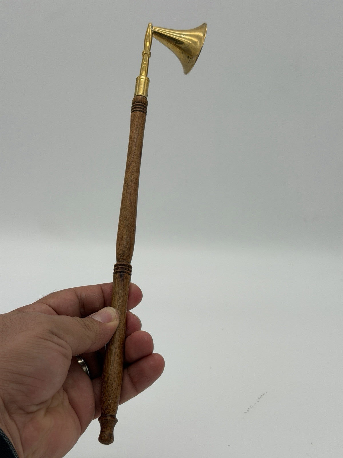 Vintage Brass /Wood Carved Handle Candle Snuffer 12” Retro Mid Century