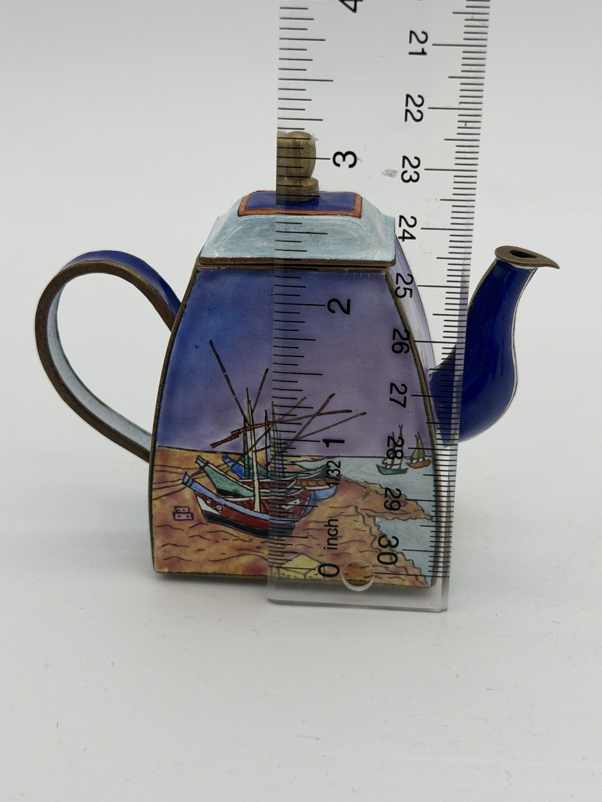 Kelvin Chen miniature enamel copper teapot Van Gogh inspired fishing boat scene
